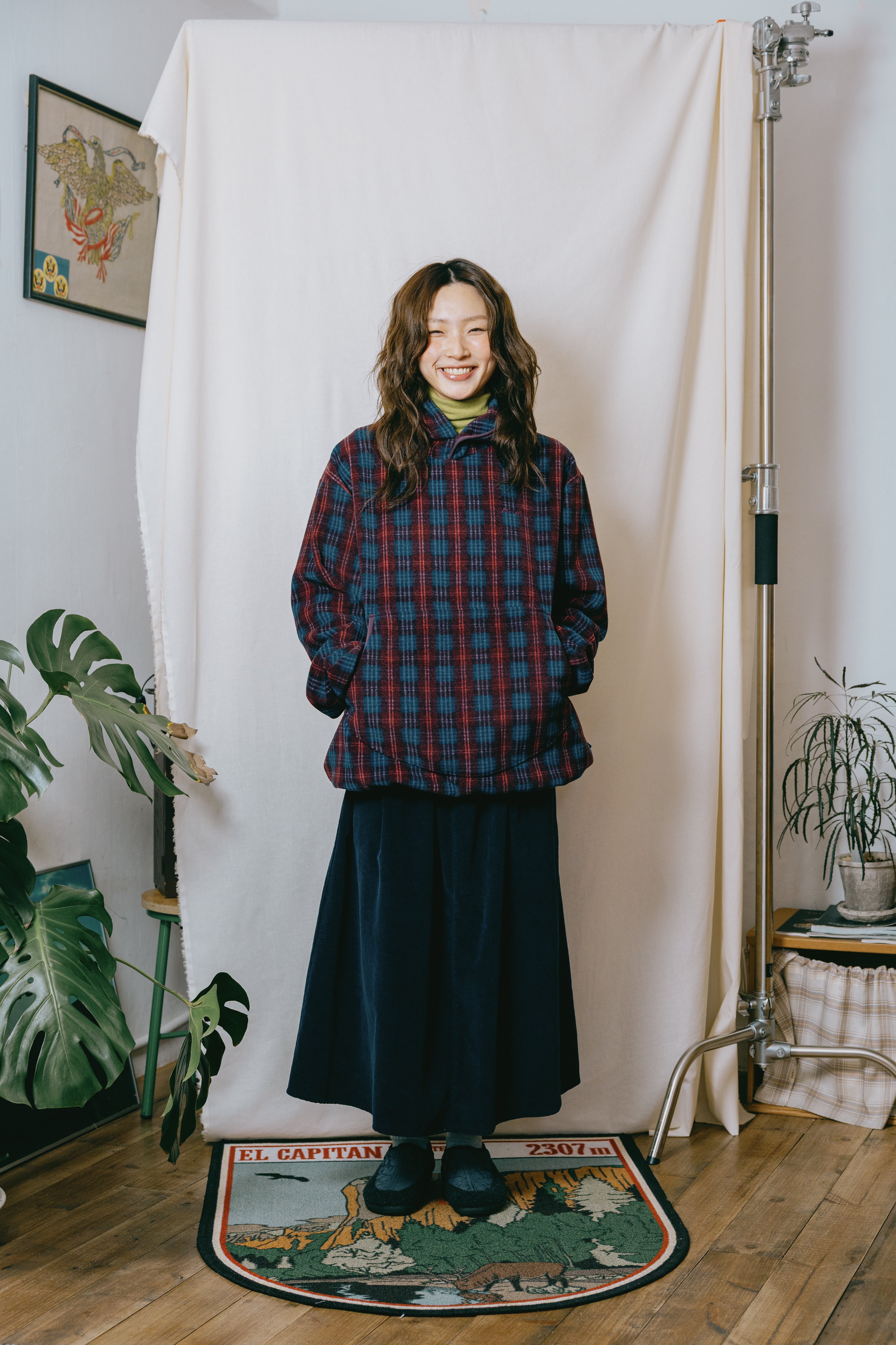Fleece Check Button Hoodie Purple