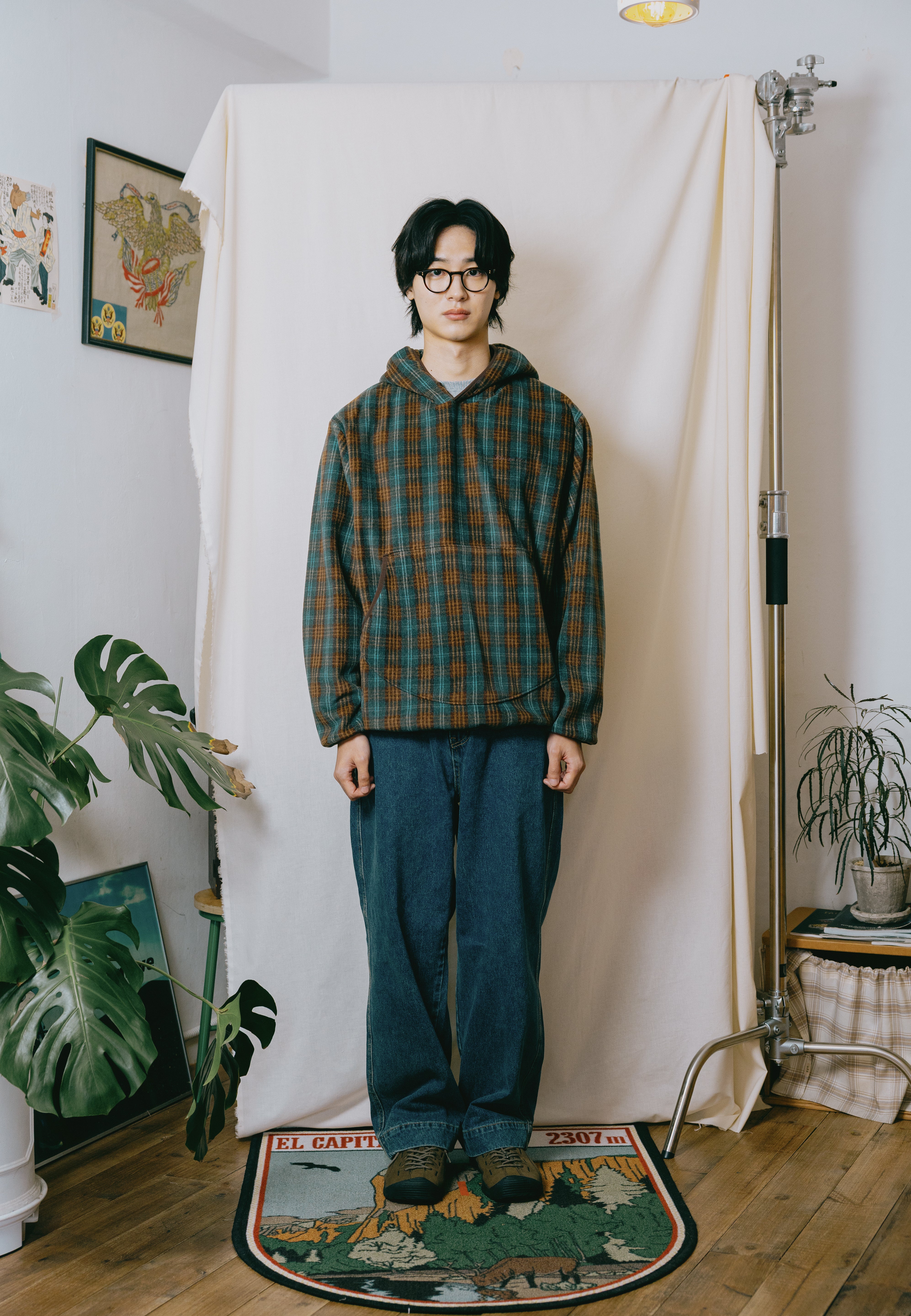 Fleece Check Button Hoodie Brown
