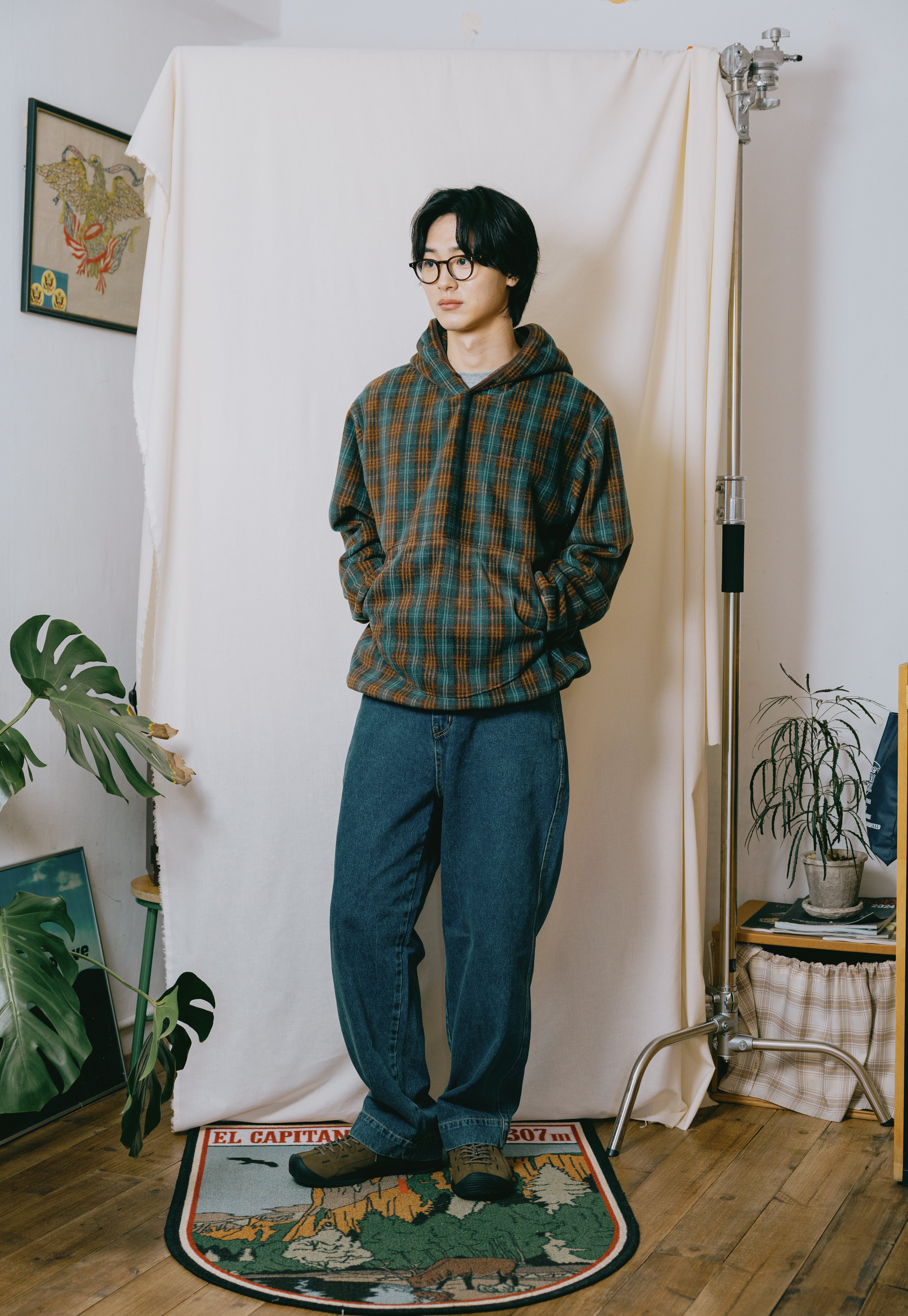 Fleece Check Button Hoodie Brown