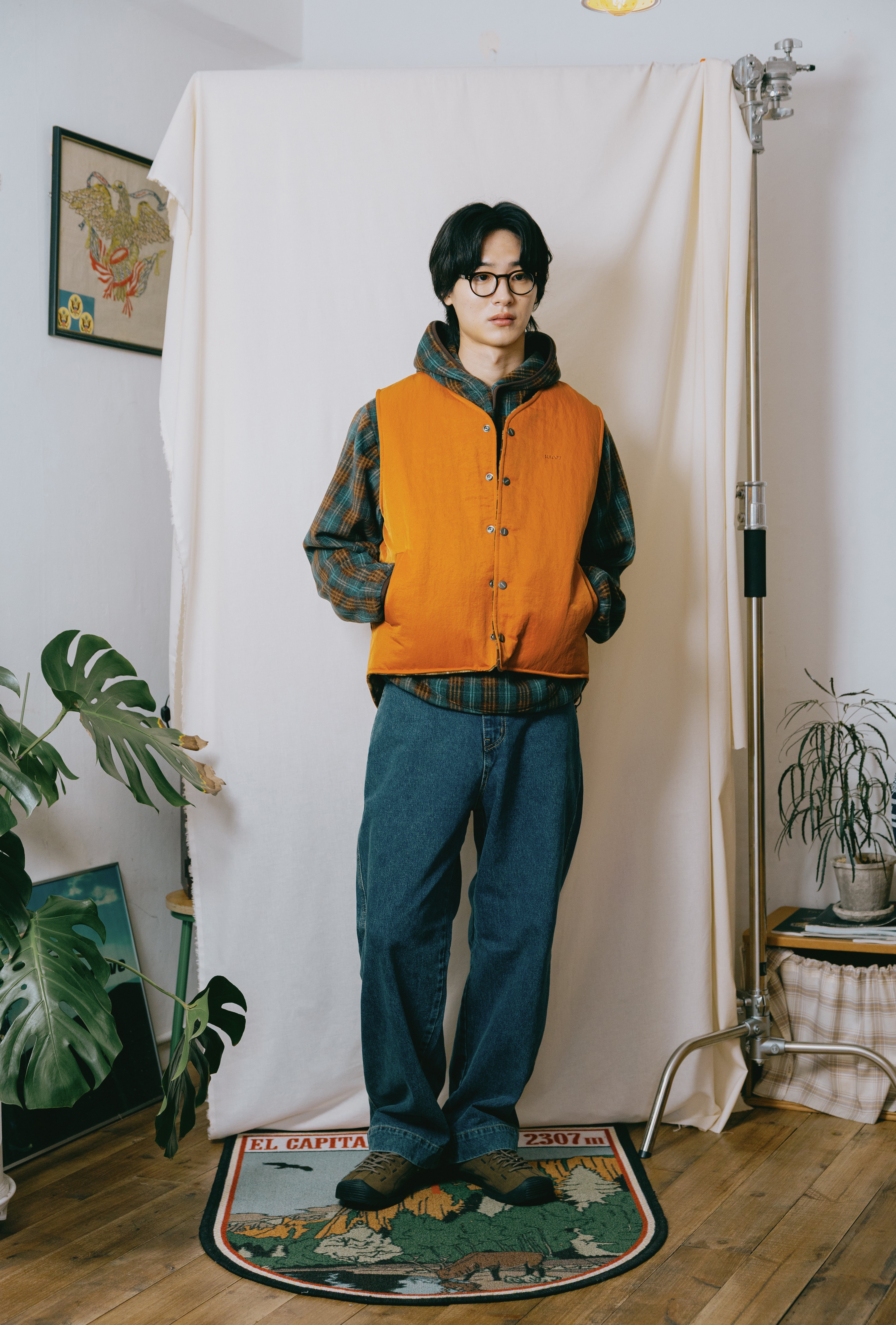 Fleece Check Button Hoodie Brown