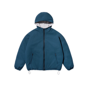 A teal blue hooded jacket with a full front zipper, two zippered hand pockets, and adjustable drawstring hem, shown against a plain white background.