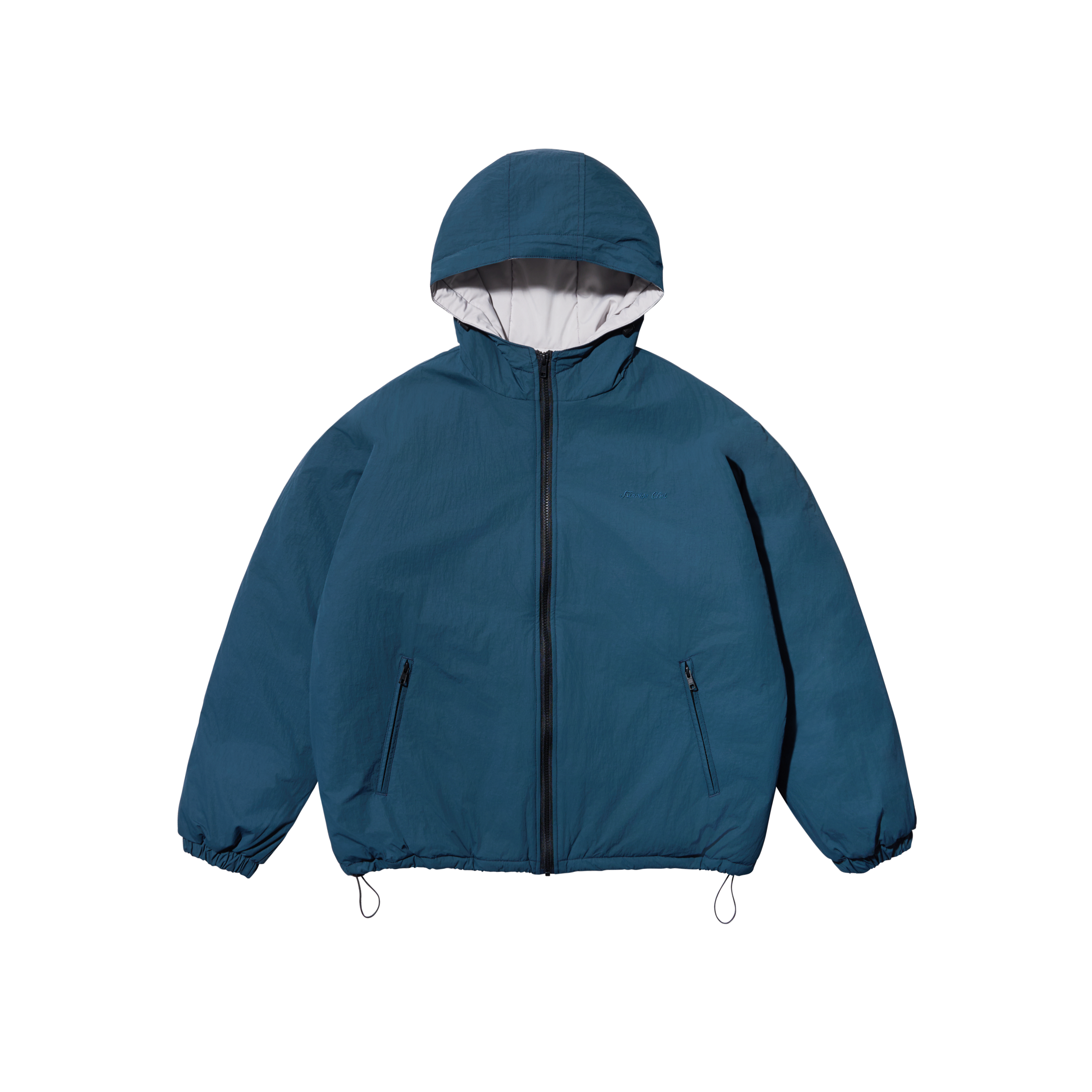 A teal blue hooded jacket with a full front zipper, two zippered hand pockets, and adjustable drawstring hem, shown against a plain white background.