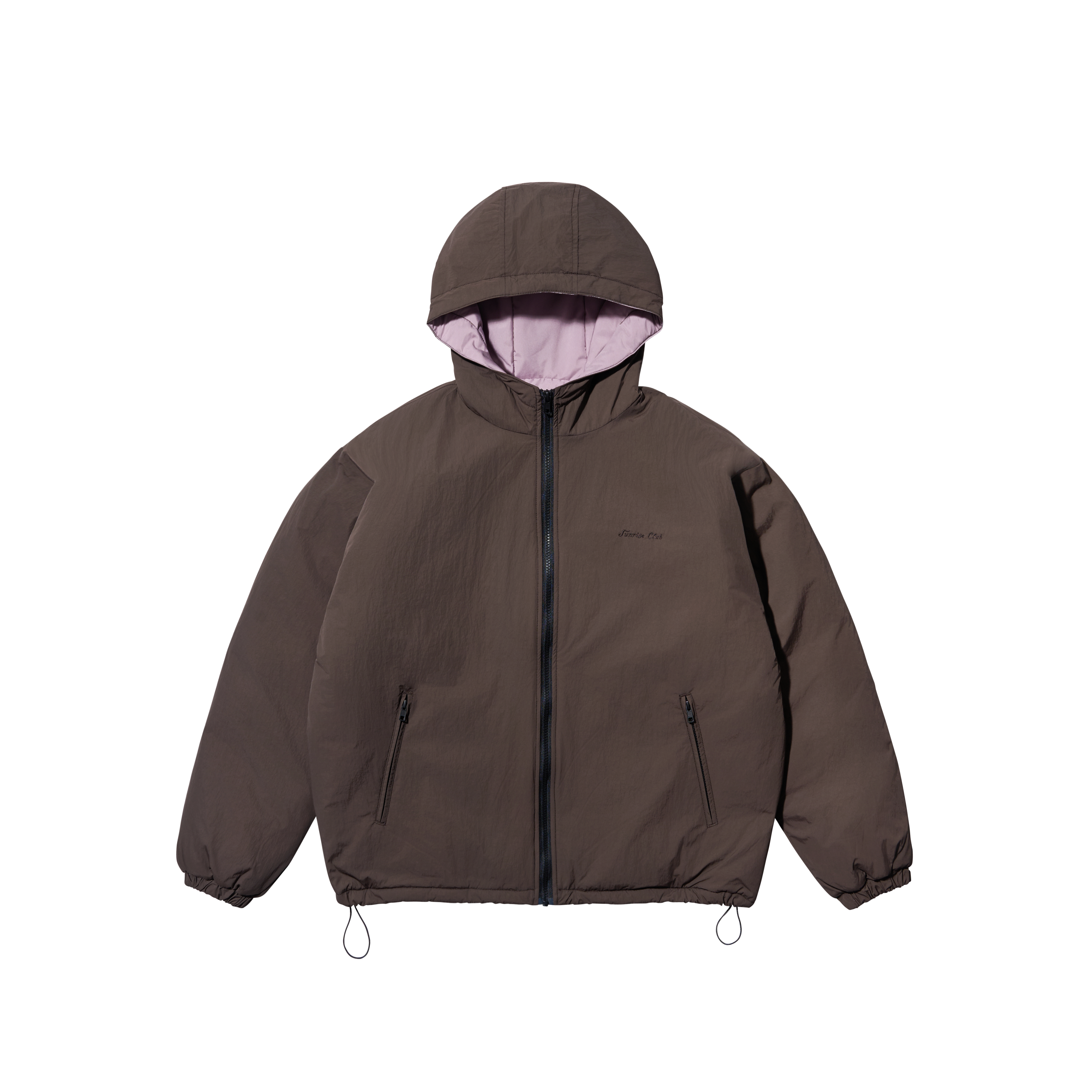 A brown hooded puffer jacket with a light pink interior lining, shown flat against a solid white background. The jacket features a full front zipper, two vertical zippered pockets, elasticized cuffs, and drawstrings at the hem.