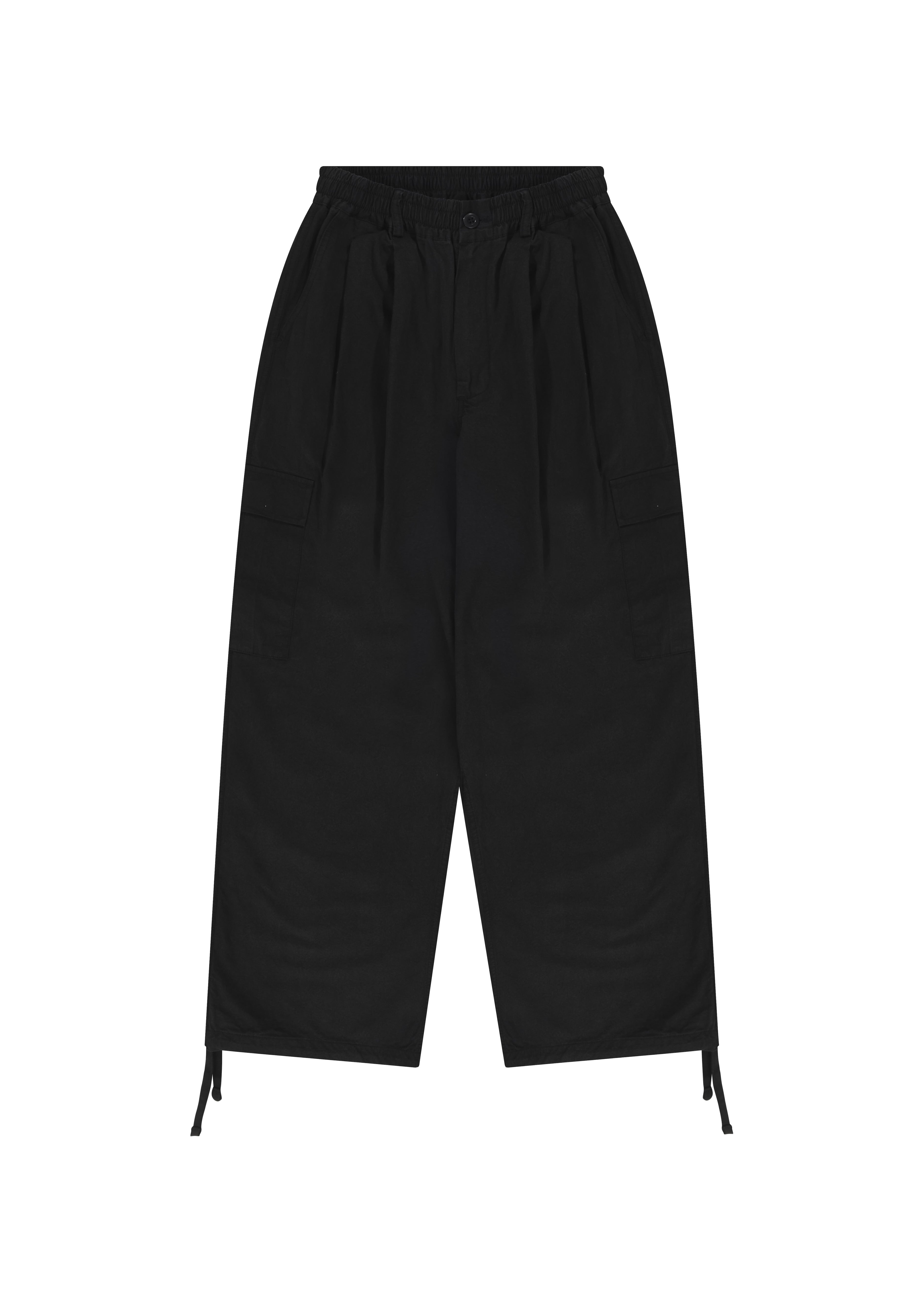 Black wide-leg pants with an elastic waistband and drawstring details at the hem, shown flat on a white background.