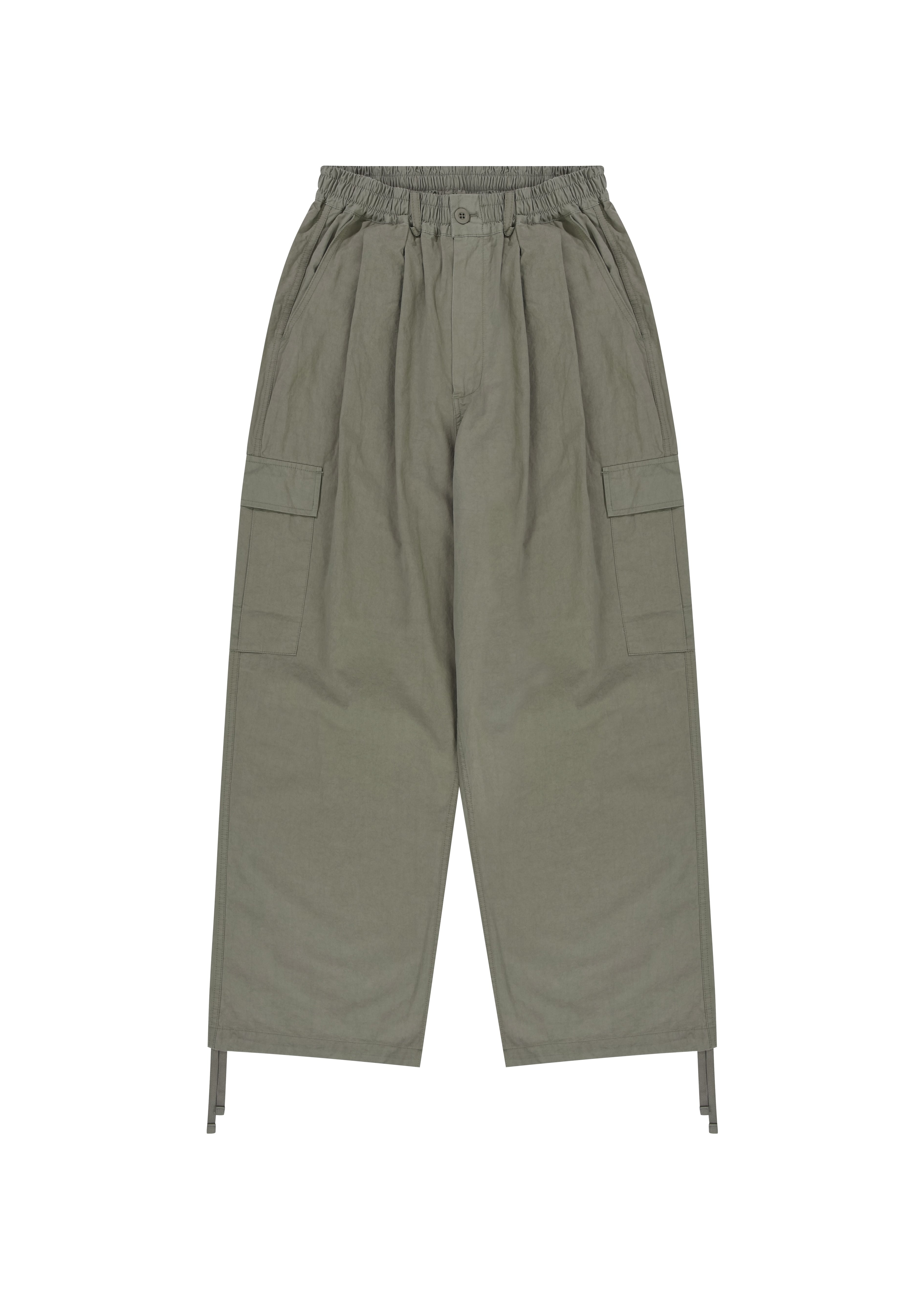 Khaki Beige cargo pants with an elastic waistband, side flap pockets, and drawstring ankle cuffs, shown flat on a white background.