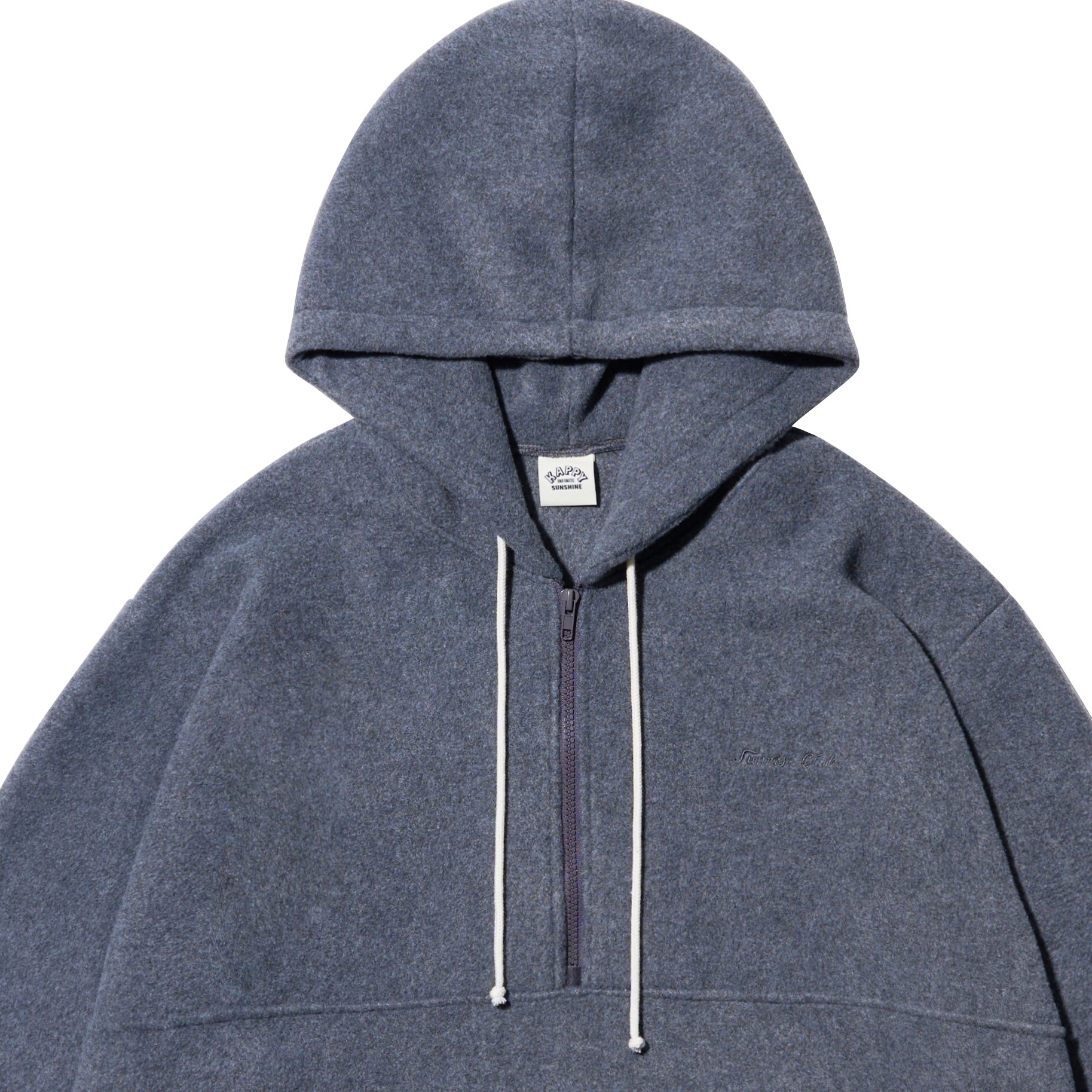 A dark gray half-zip hoodie with white drawstrings and a small white brand label on the chest, shown against a plain white background.
