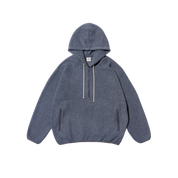 A slate gray fleece hooded sweatshirt with white drawstrings and zippered hand pockets, shown flat against a solid white background.