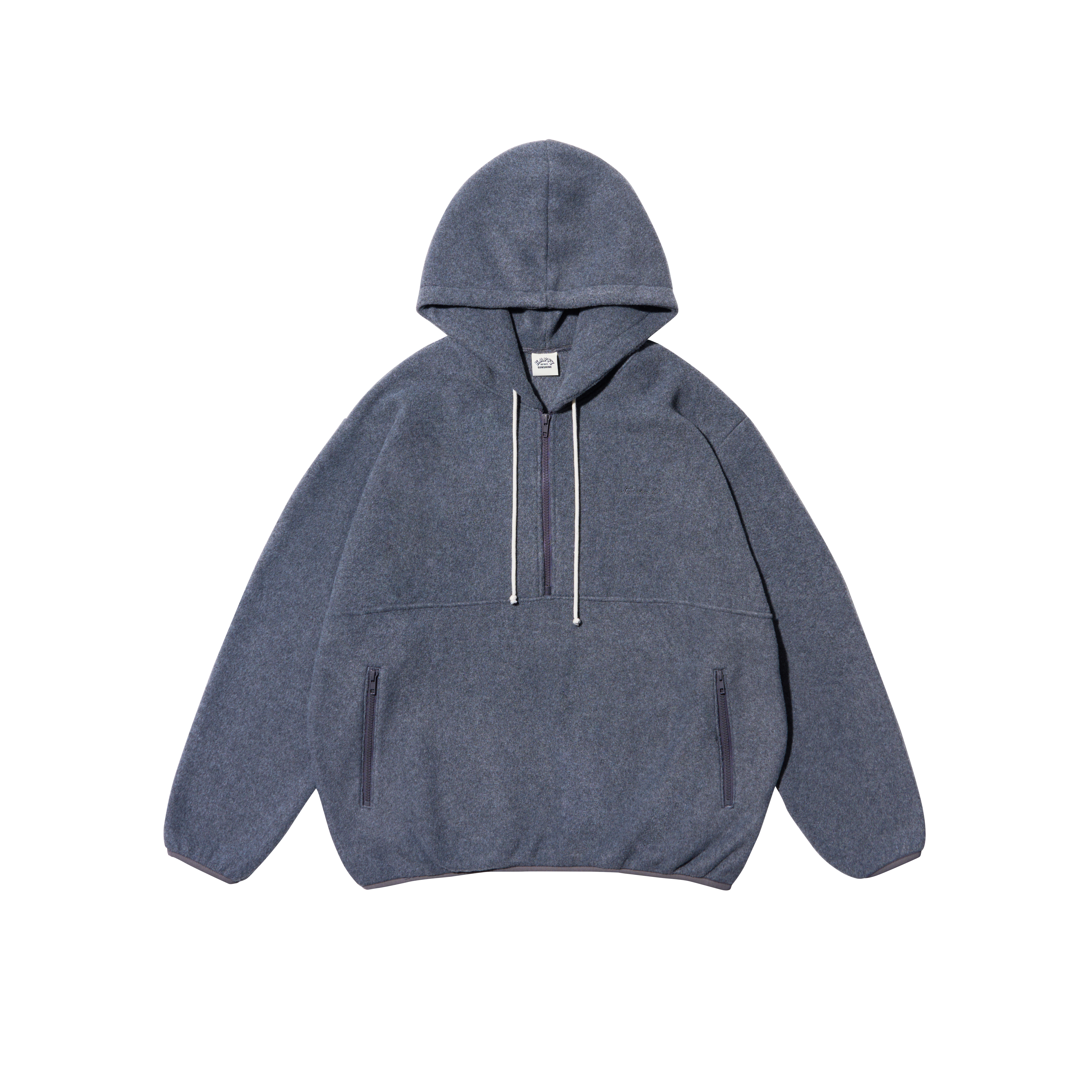 A slate gray fleece hooded sweatshirt with white drawstrings and zippered hand pockets, shown flat against a solid white background.