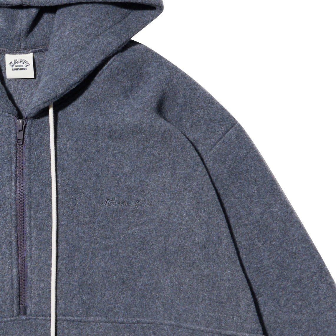 Close-up of a dark  gray zip-up hoodie with a white drawstring and a small embroidered logo on the chest, set against a plain white background.