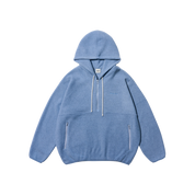 A light blue heathered pullover hoodie with white drawstrings and two front zippered pockets, shown flat against a solid white background.