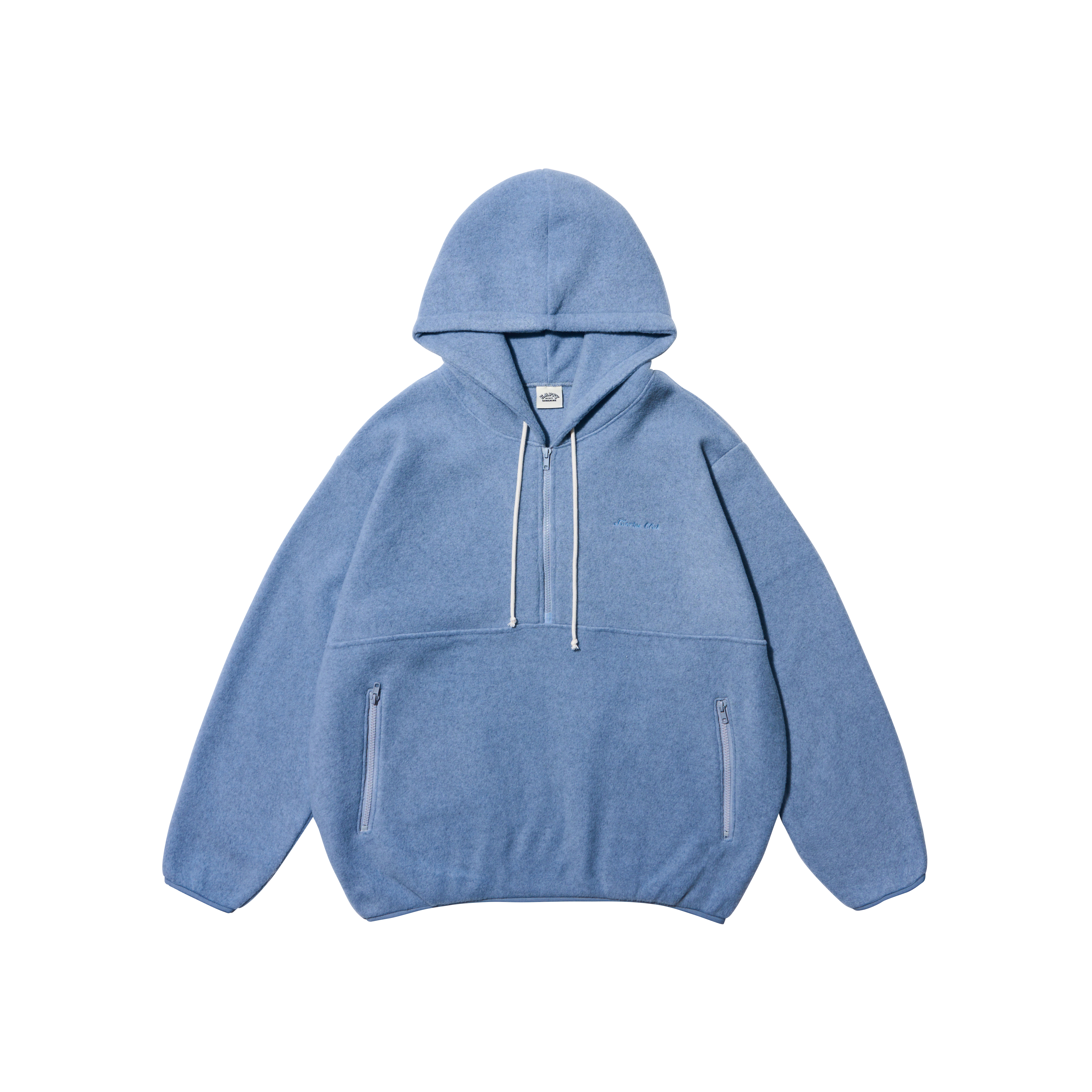 A light blue heathered pullover hoodie with white drawstrings and two front zippered pockets, shown flat against a solid white background.