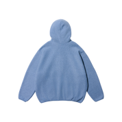 A light blue hooded sweatshirt shown from the back, photographed against a solid white background.