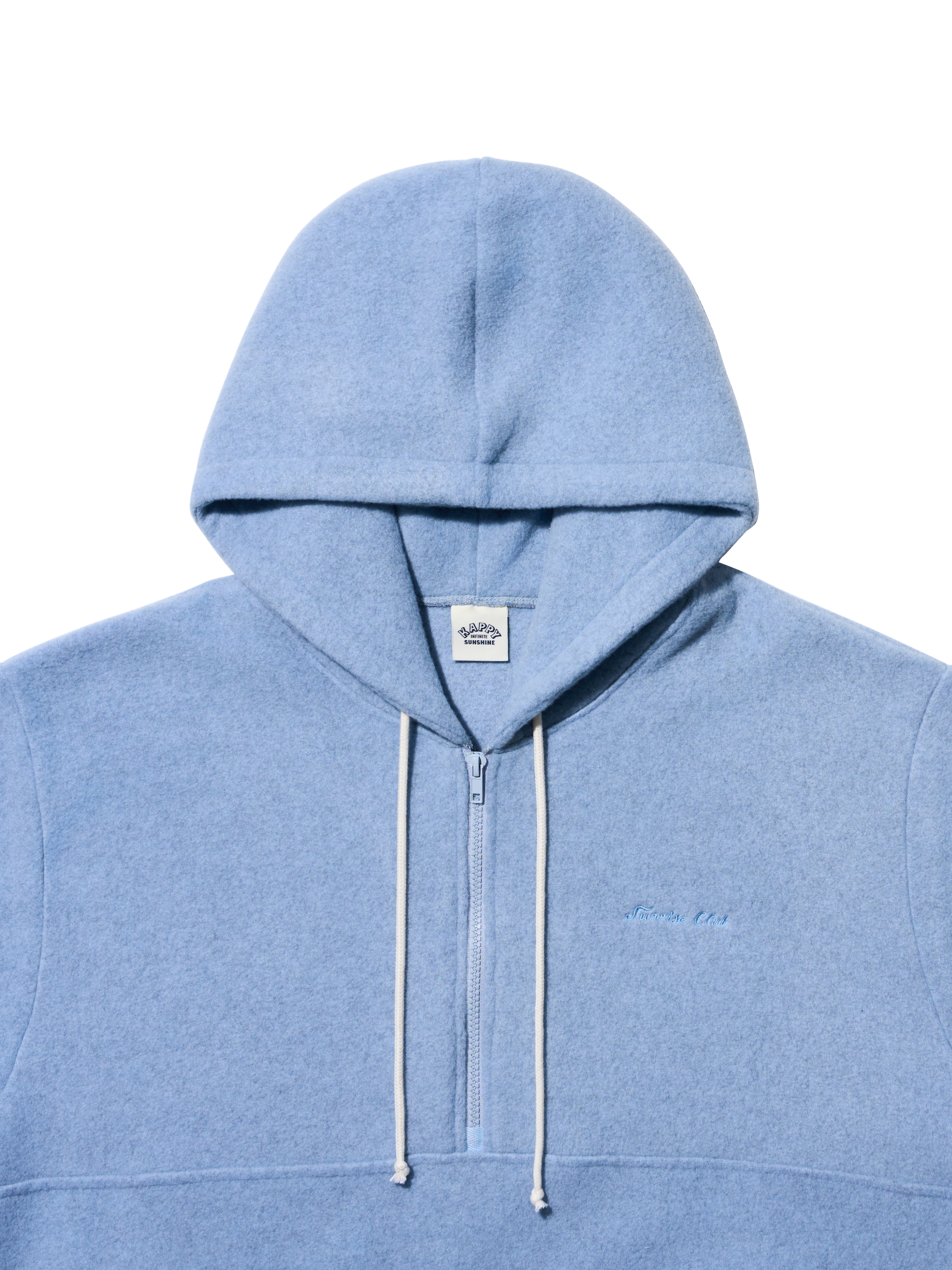 A light blue half-zip hoodie with white drawstrings and a small embroidered logo on the left chest, shown against a plain white background.
