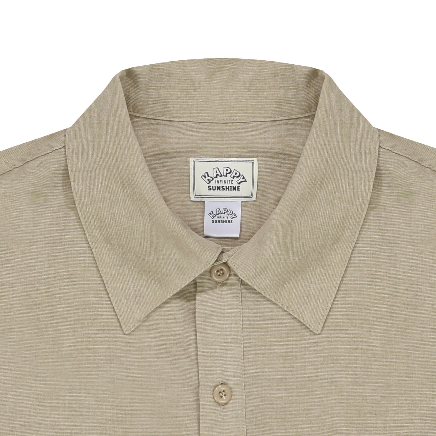 Beige shirt with a collar and 'Happy Sunshine' label on a white background
