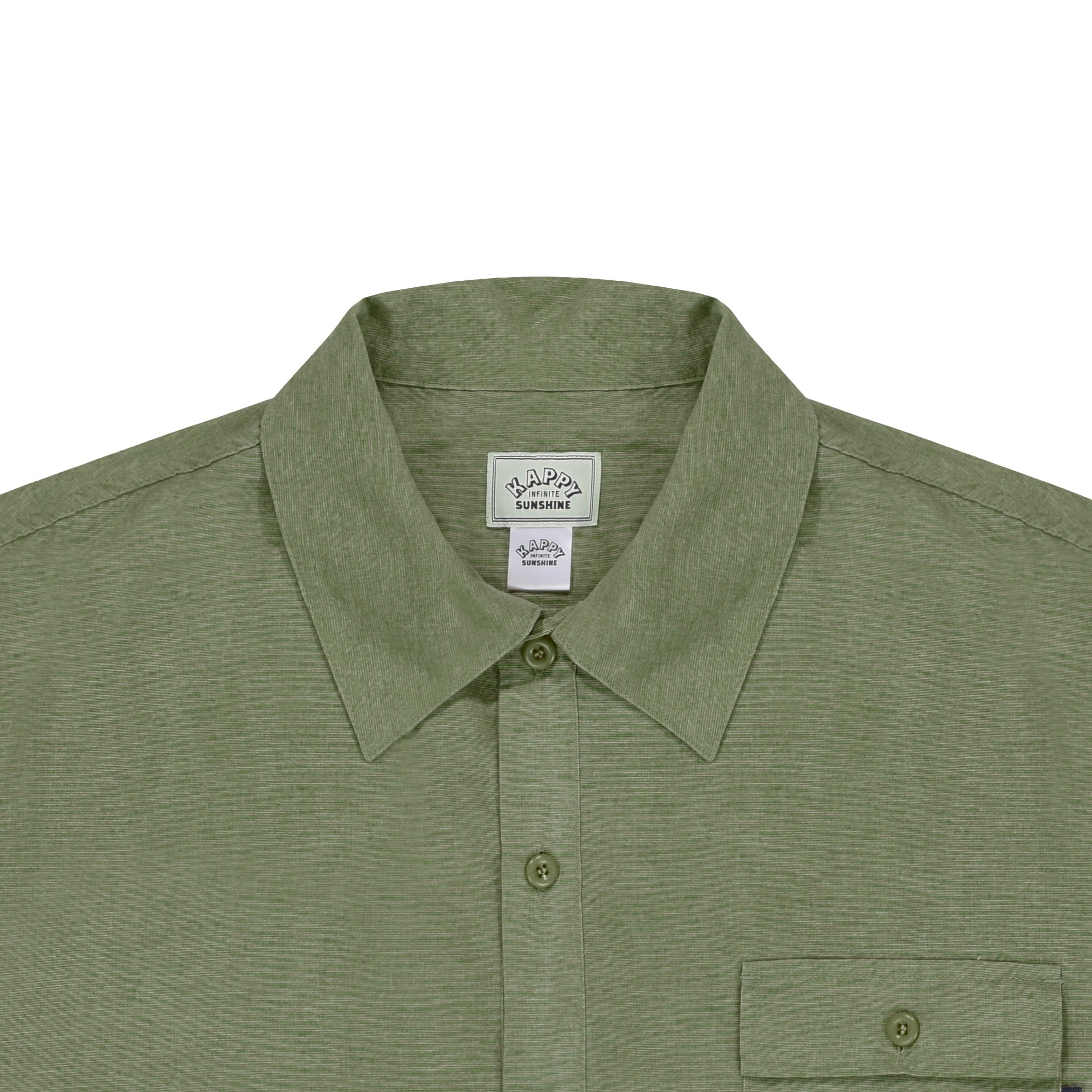 close up of Khaki Green shirt with collar and pocket with a button on a white background