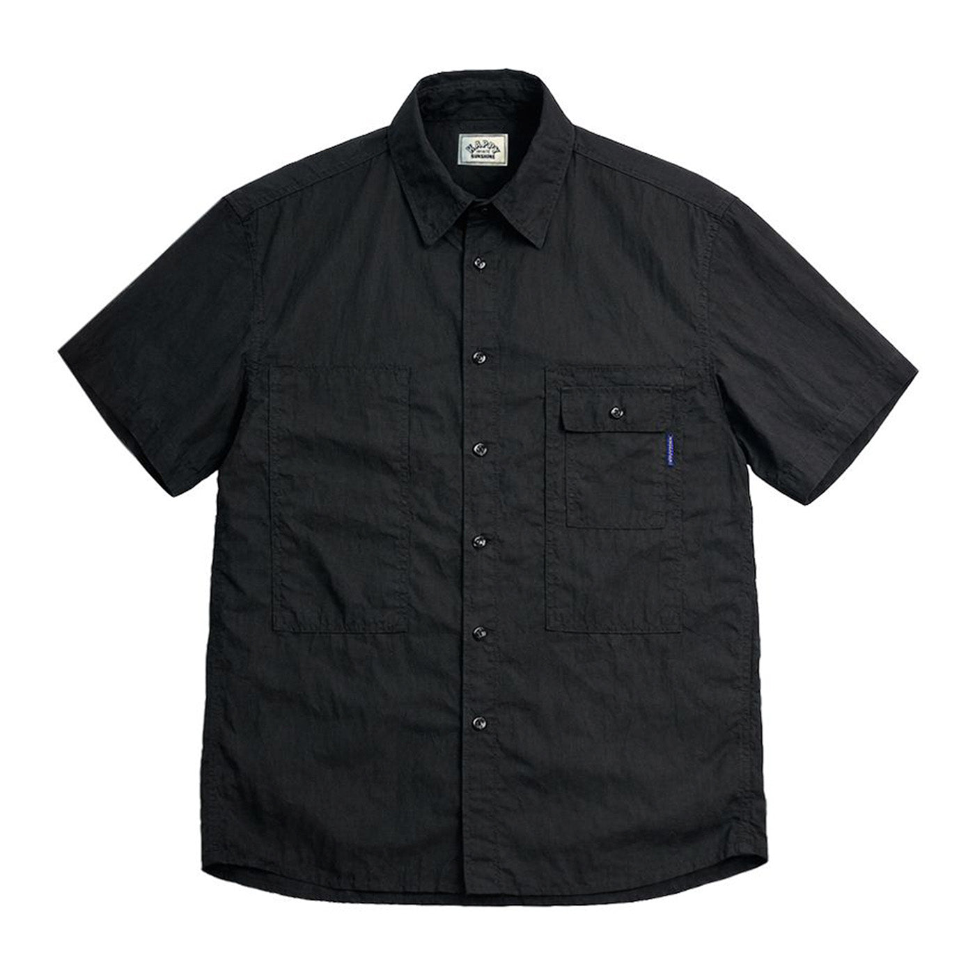 Black short-sleeve shirt with button details on a white background
