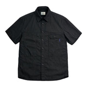 Black short-sleeve shirt with button details on a white background