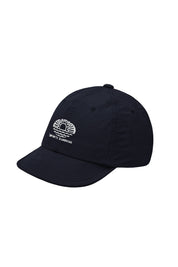 Navy cap with a white logo on a white background