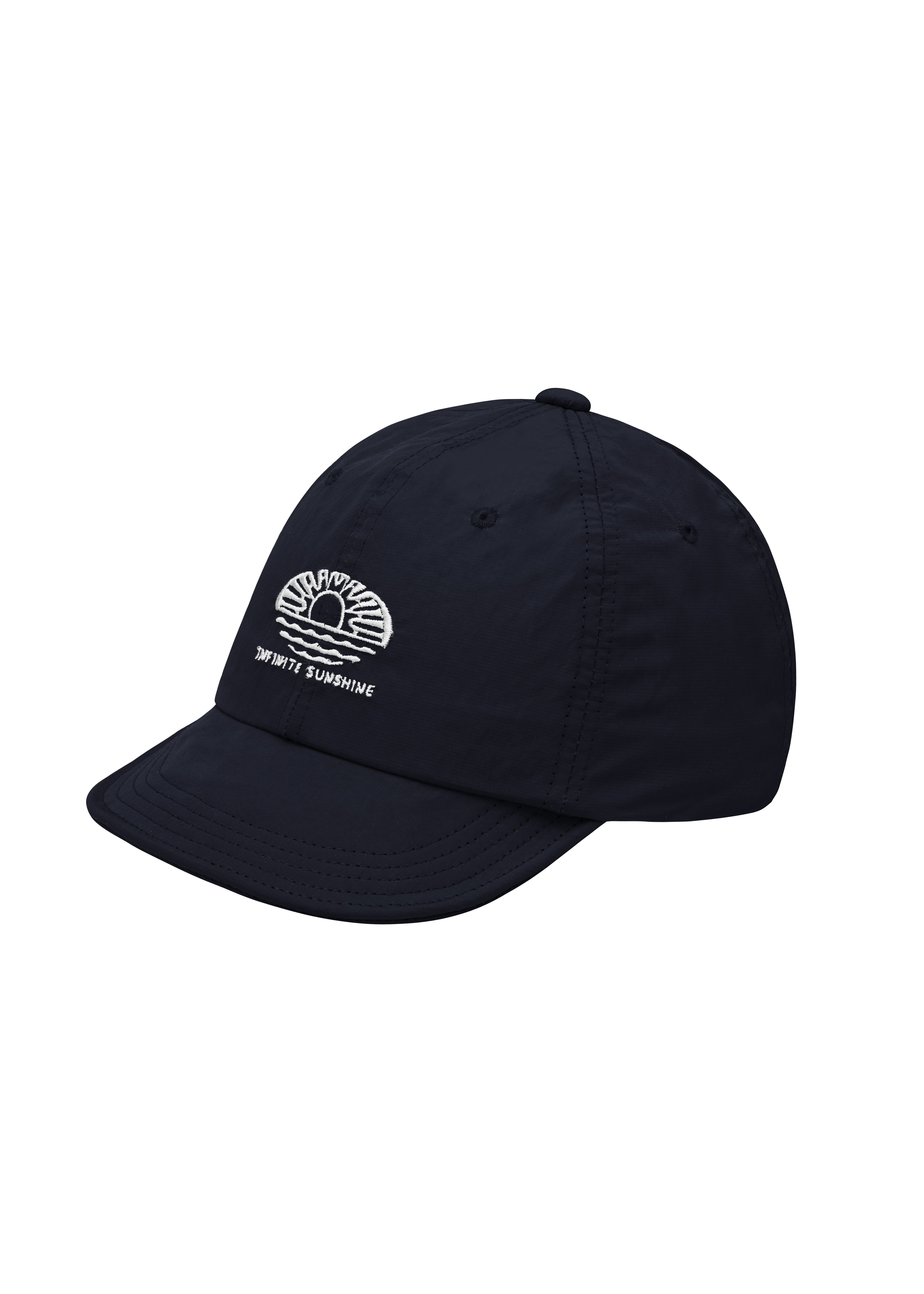 Navy cap with a white logo on a white background