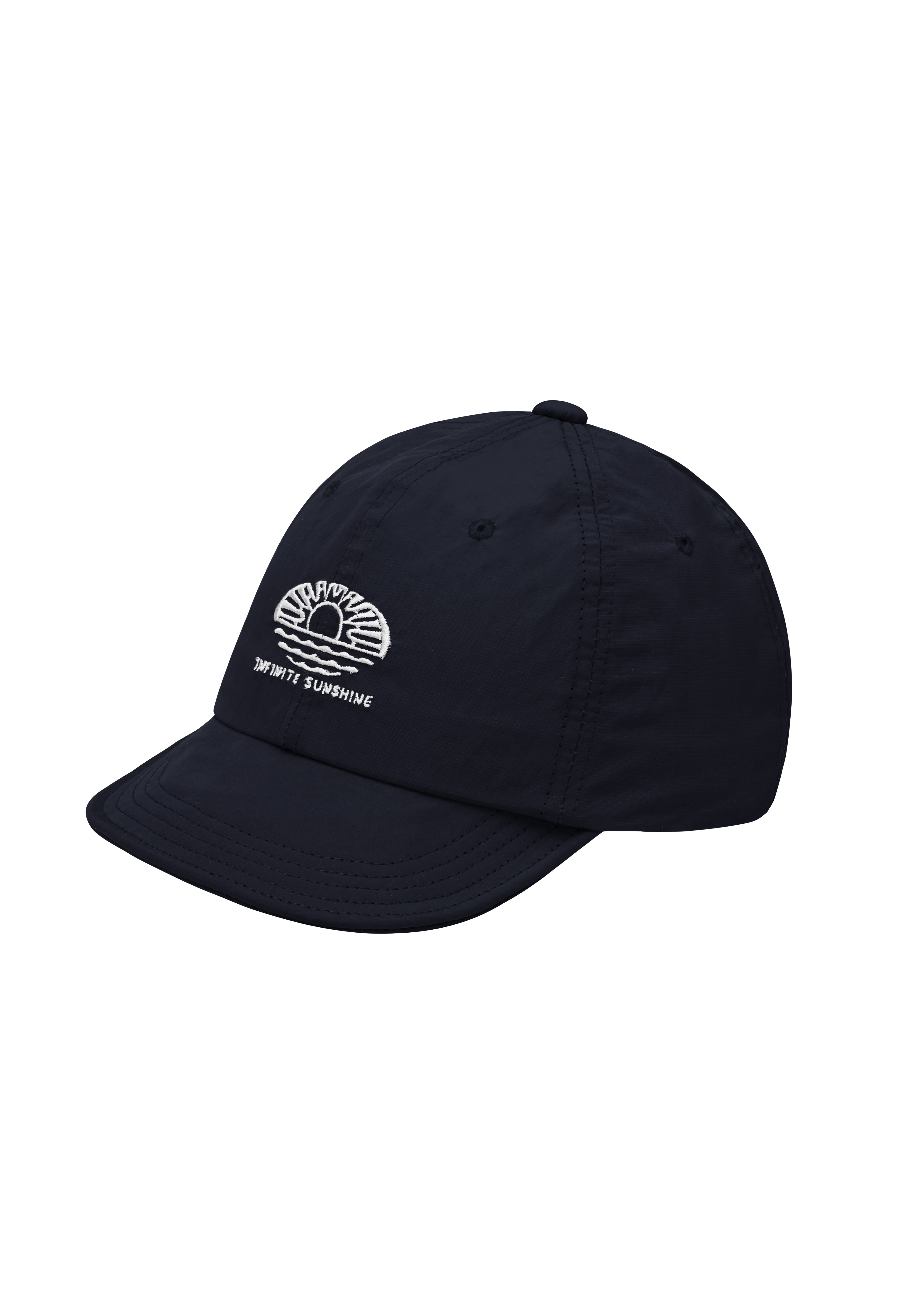 Navy cap with a white logo on a white background