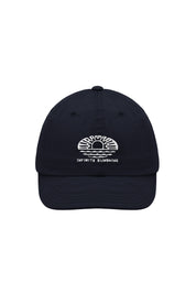 Navy cap with white logo and text on a white background
