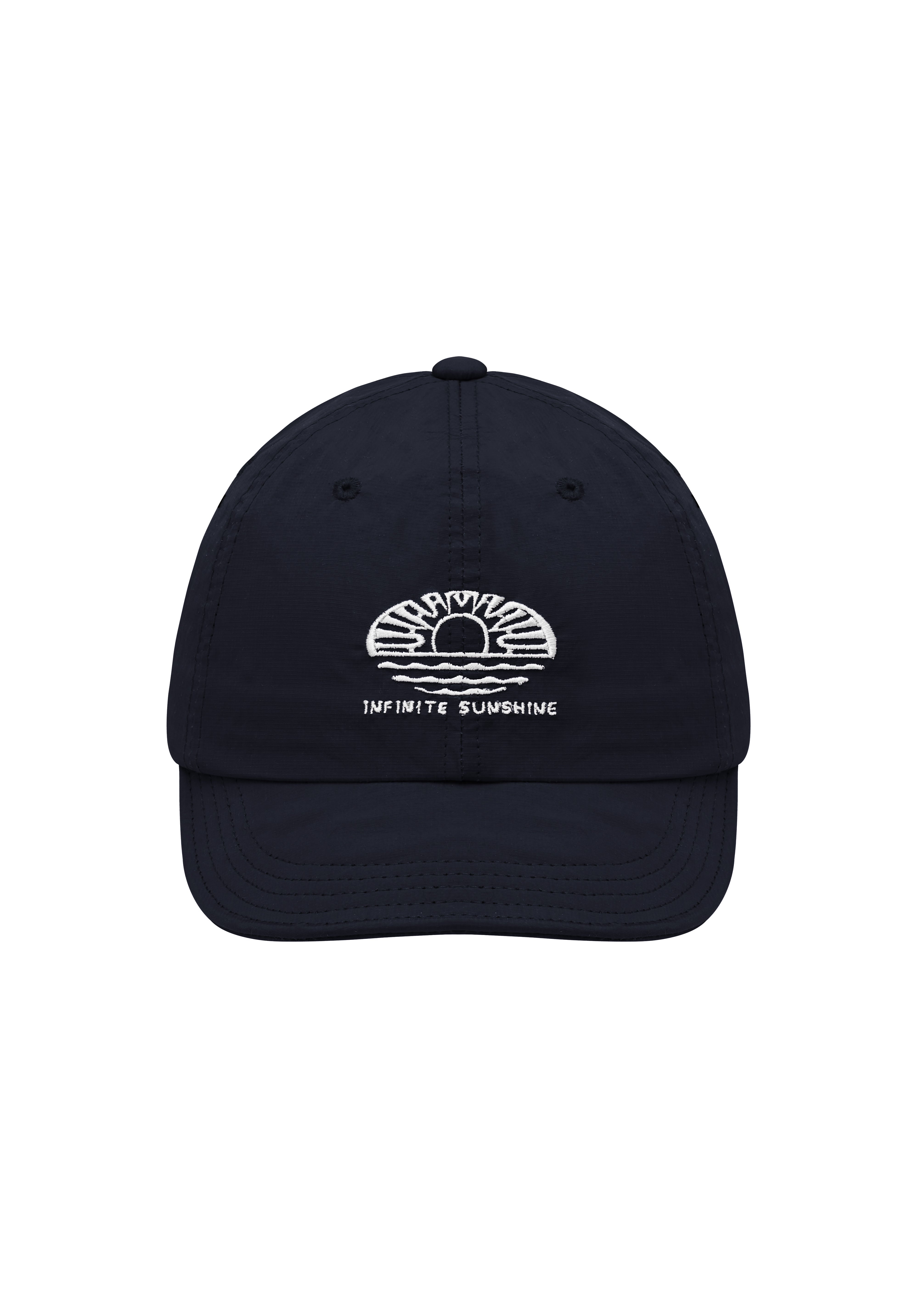 Navy cap with white logo and text on a white background