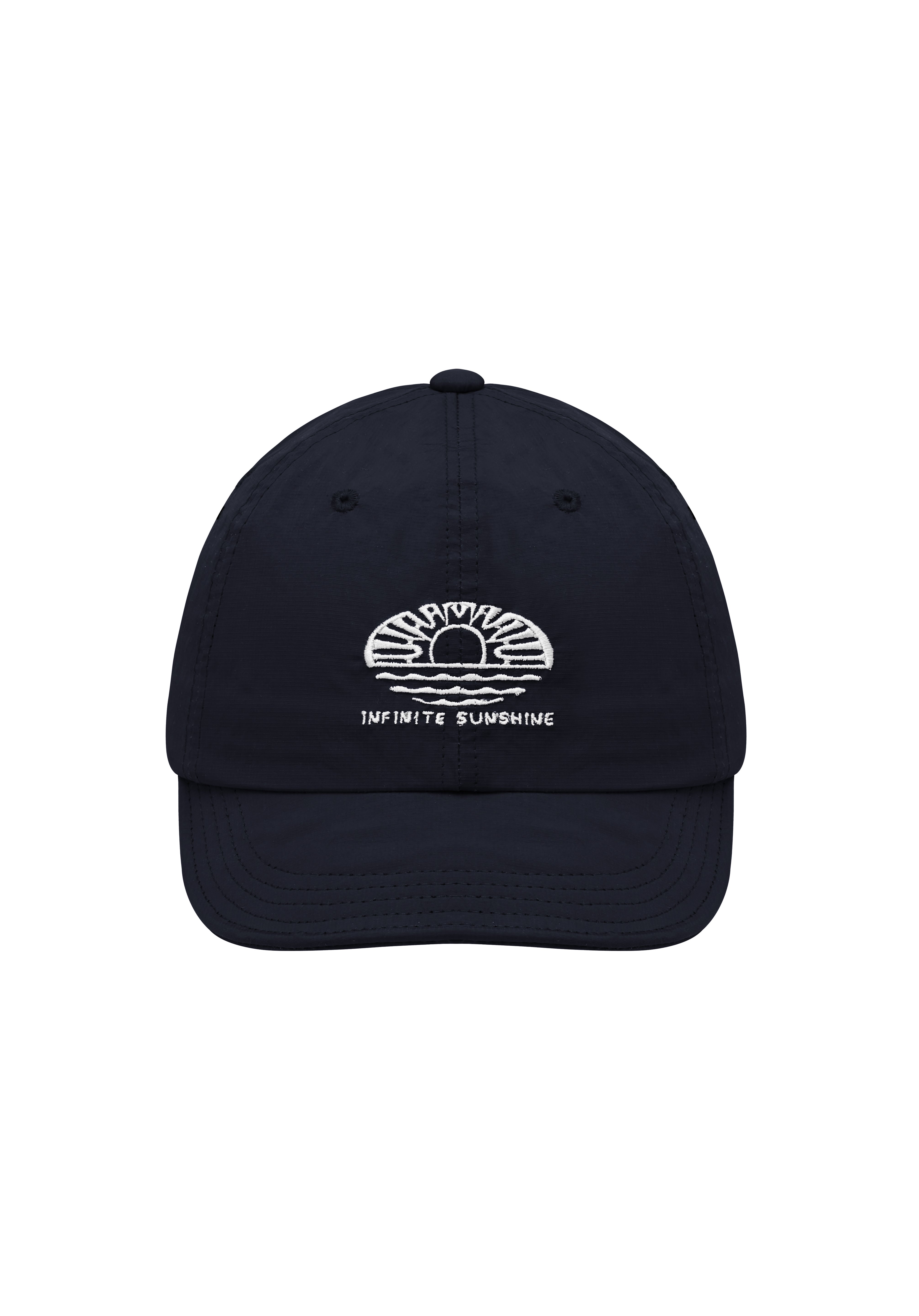 Navy cap with white logo and text on a white background
