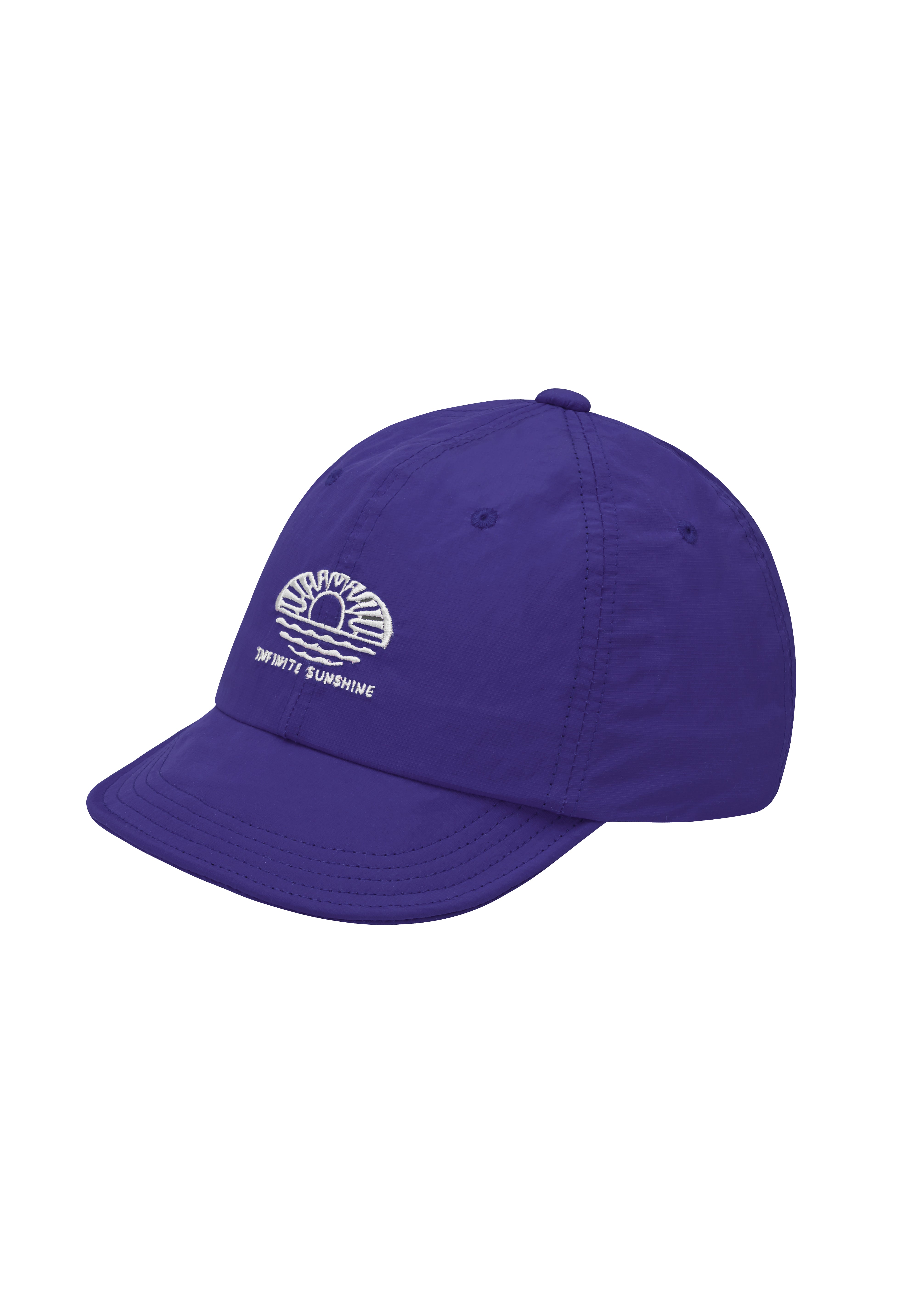 Purple cap with a "infinite sunshine' logo embroidered on the front on a white background