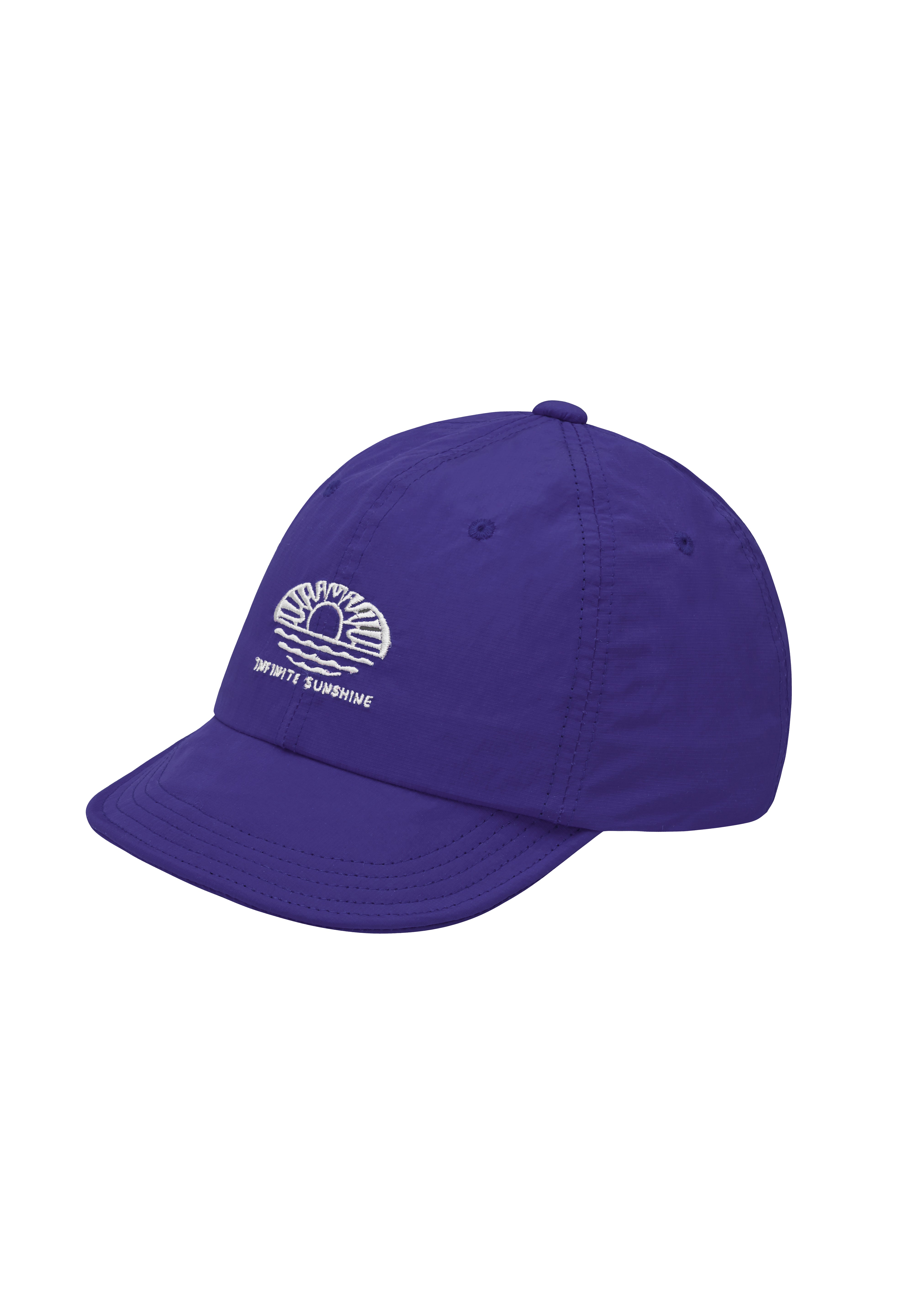 Purple cap with a "infinite sunshine' logo embroidered on the front on a white background