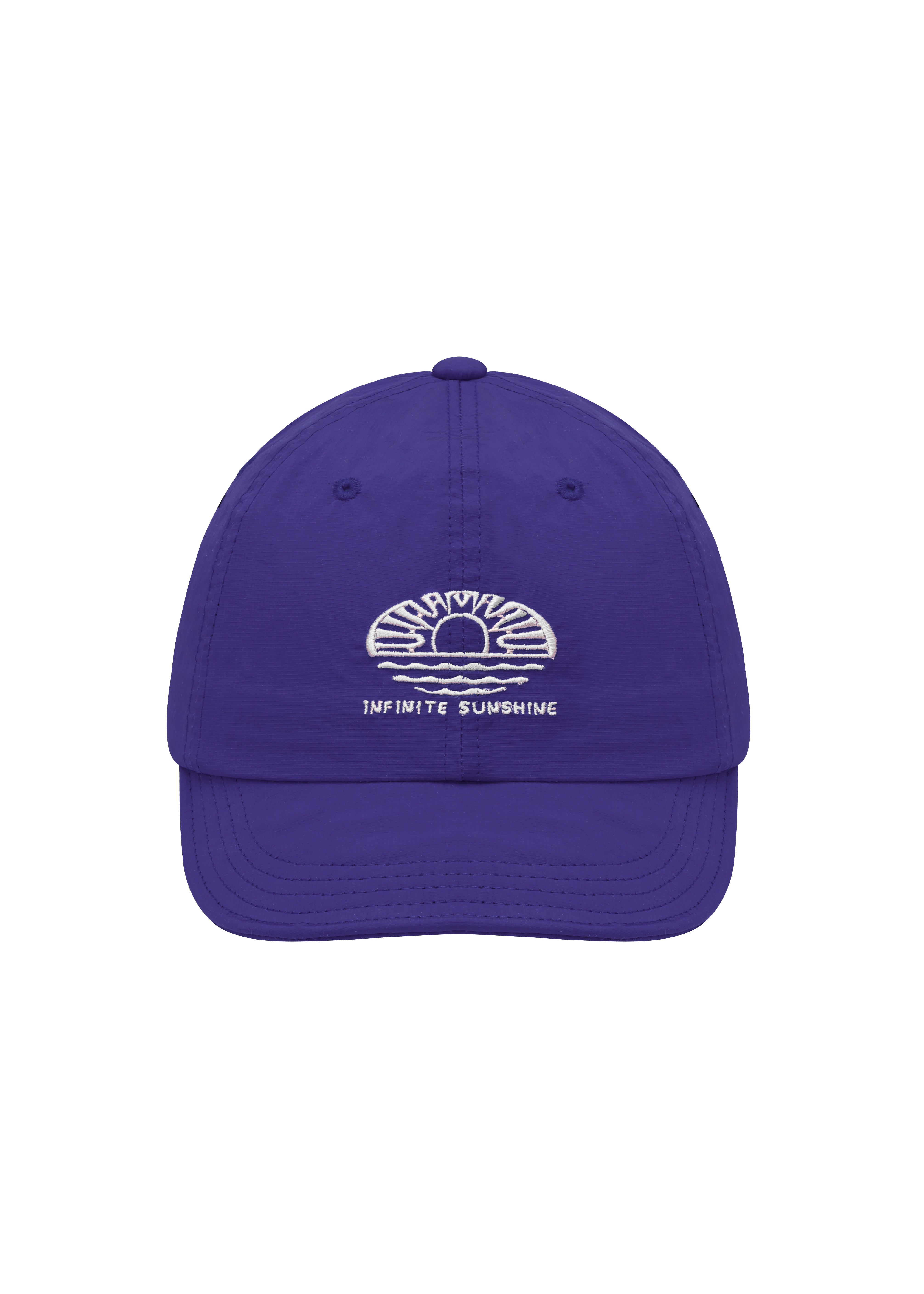 Purple cap with a "infinite sunshine' logo embroidered on the front on a white background