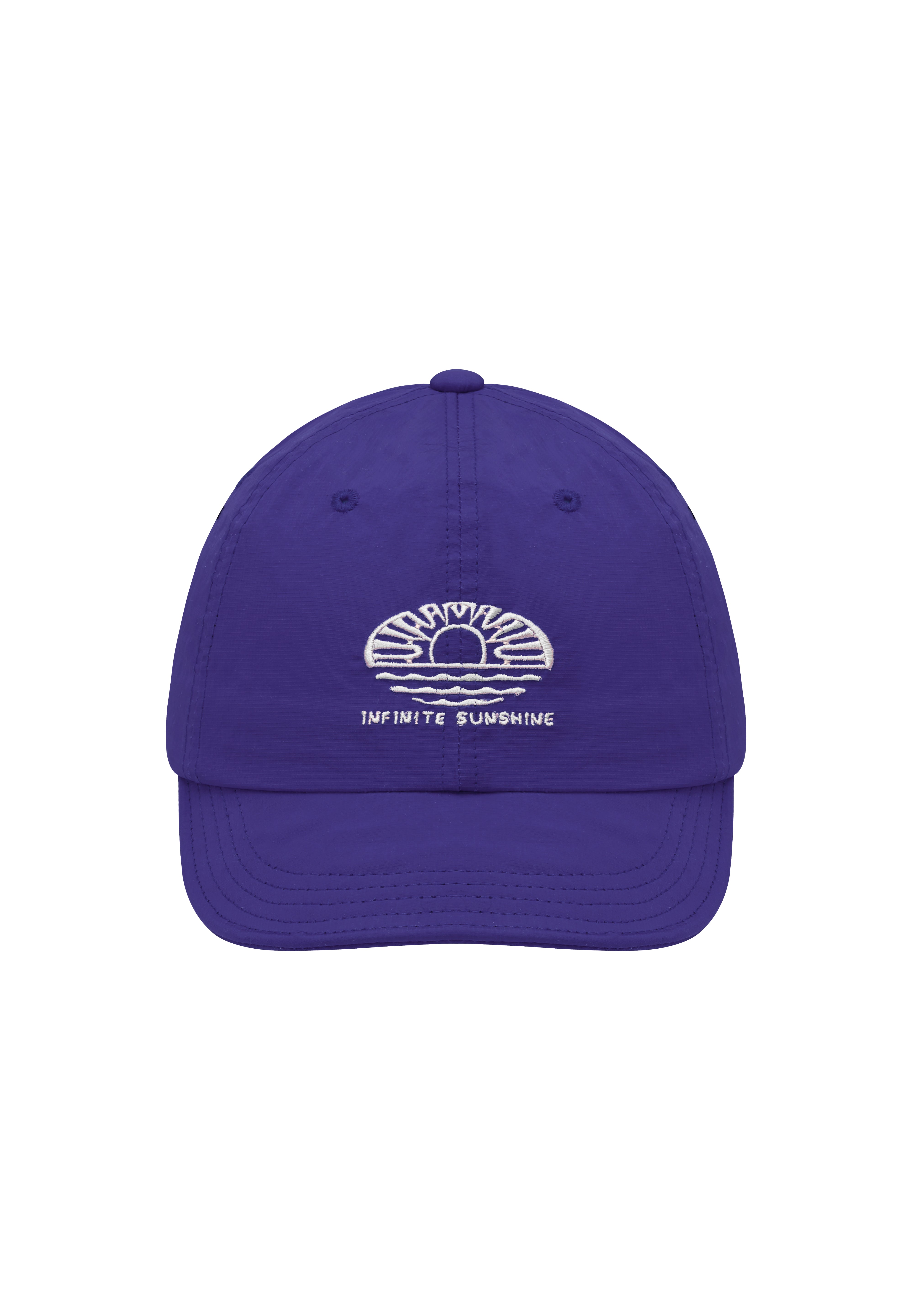 Purple cap with a "infinite sunshine' logo embroidered on the front on a white background