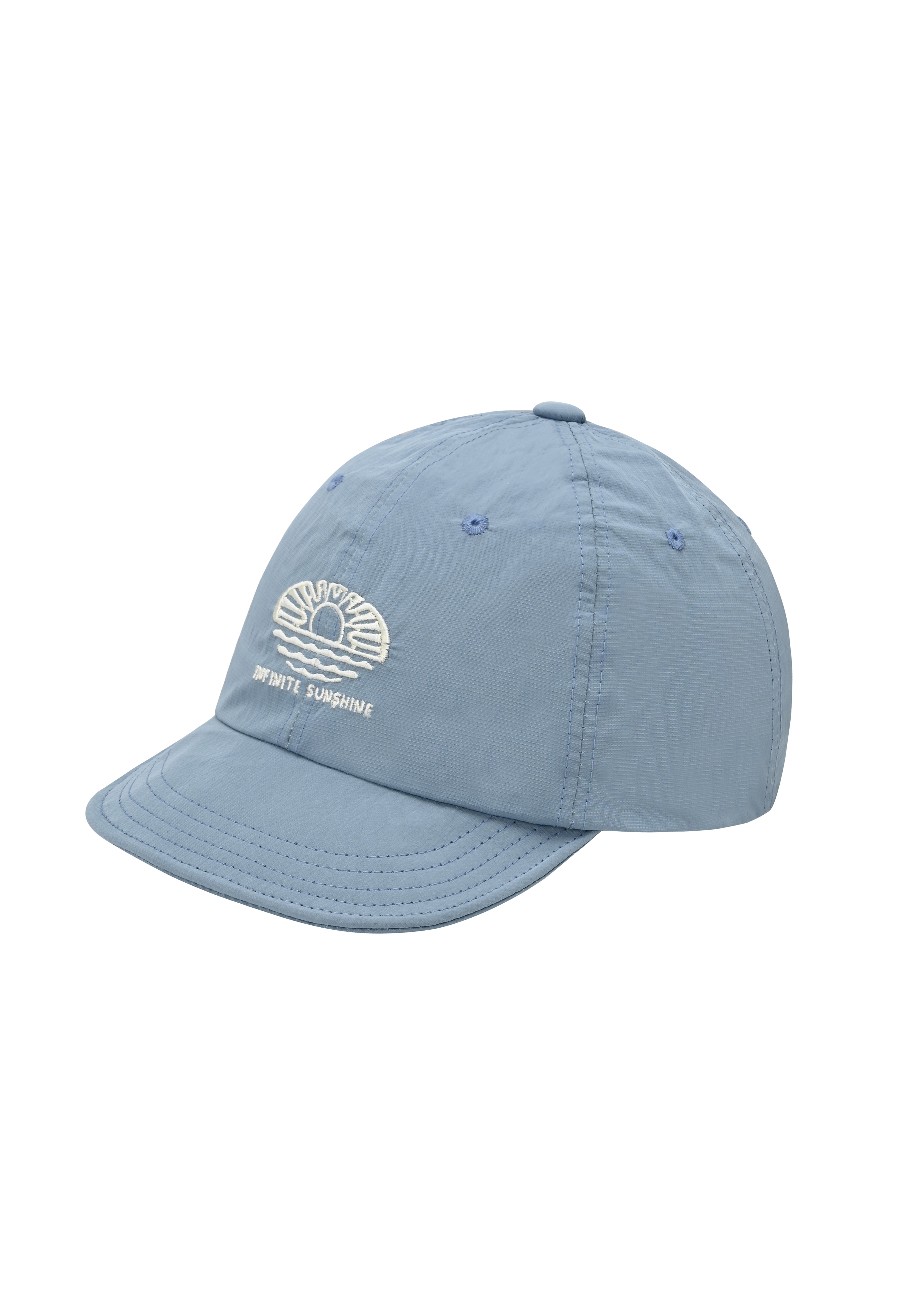 Light blue cap with "infinite sunshine" embroidery on the front on a white background