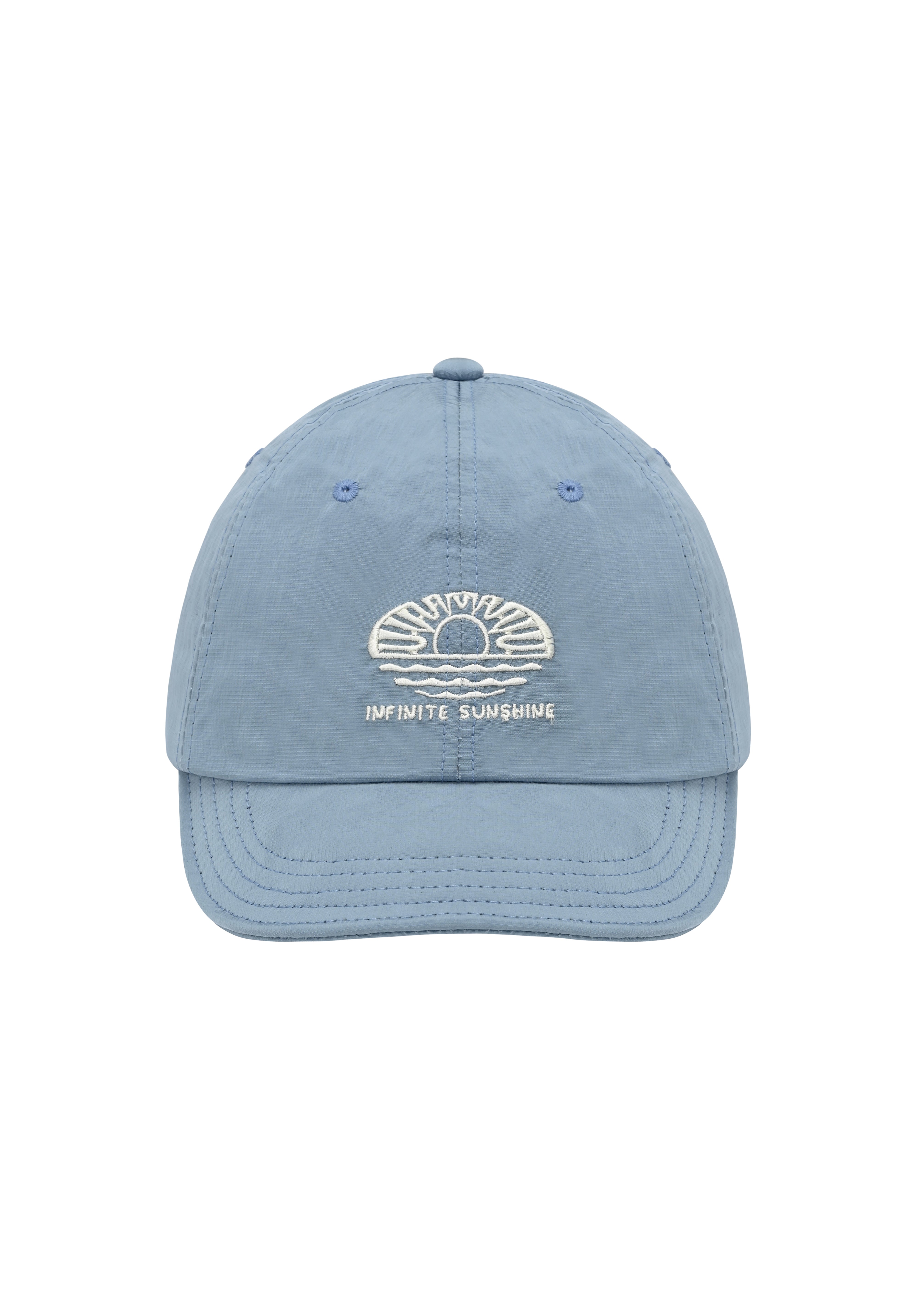 Light blue cap with "infinite sunshine" embroidery on the front on a white background