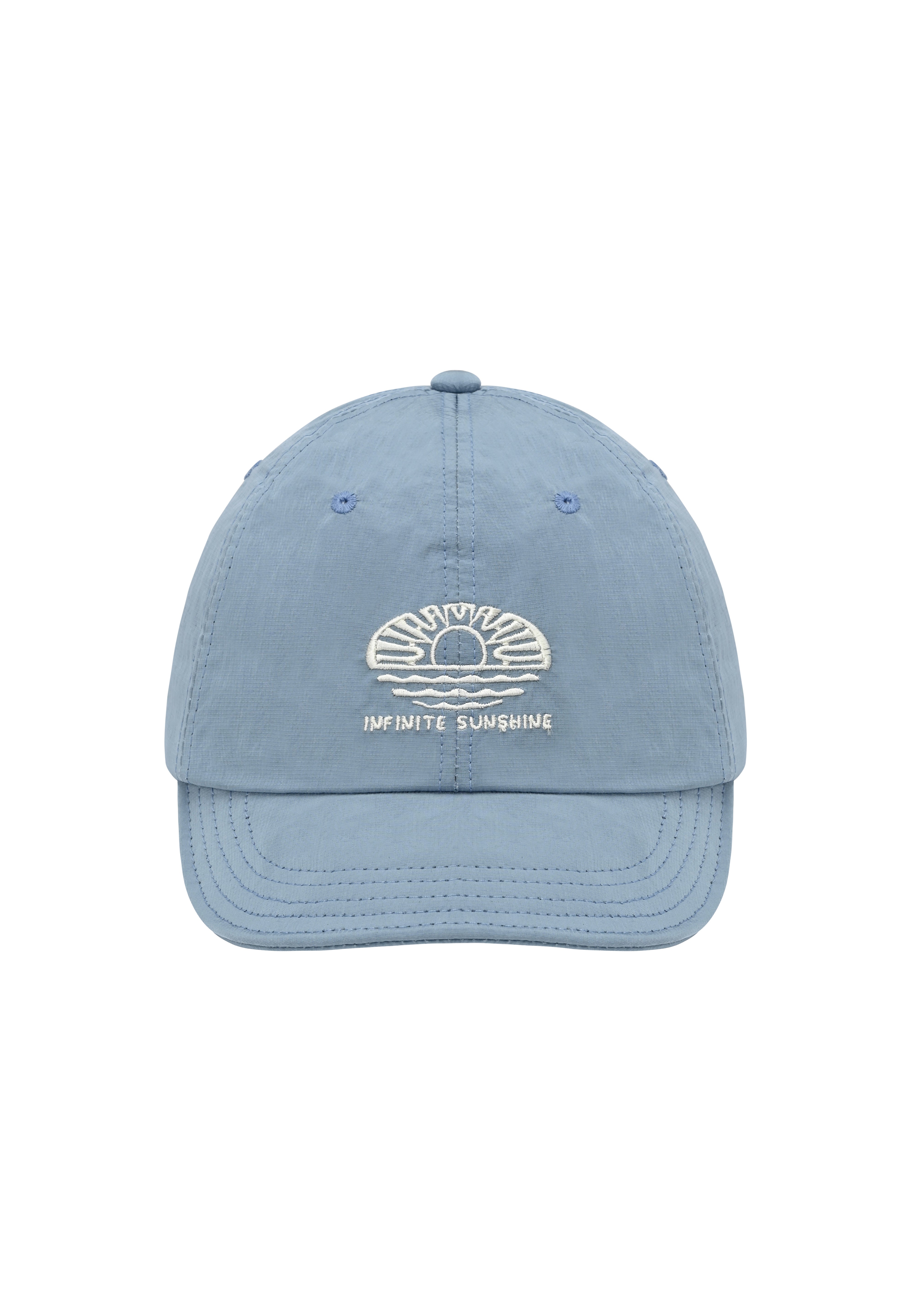Light blue cap with "infinite sunshine" embroidery on the front on a white background