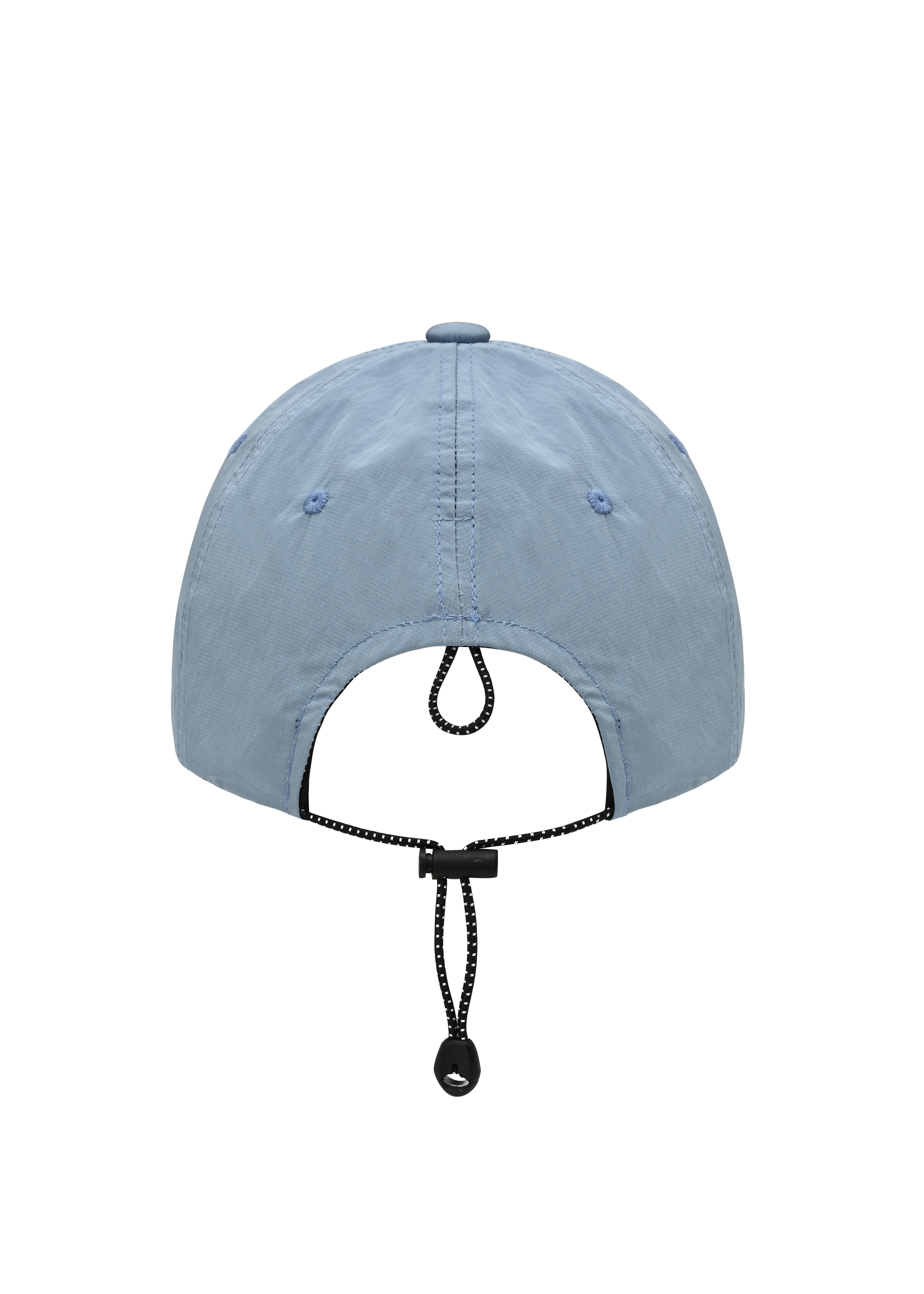 rear view of a light blue cap showing toggle and string to adjust the hat fit