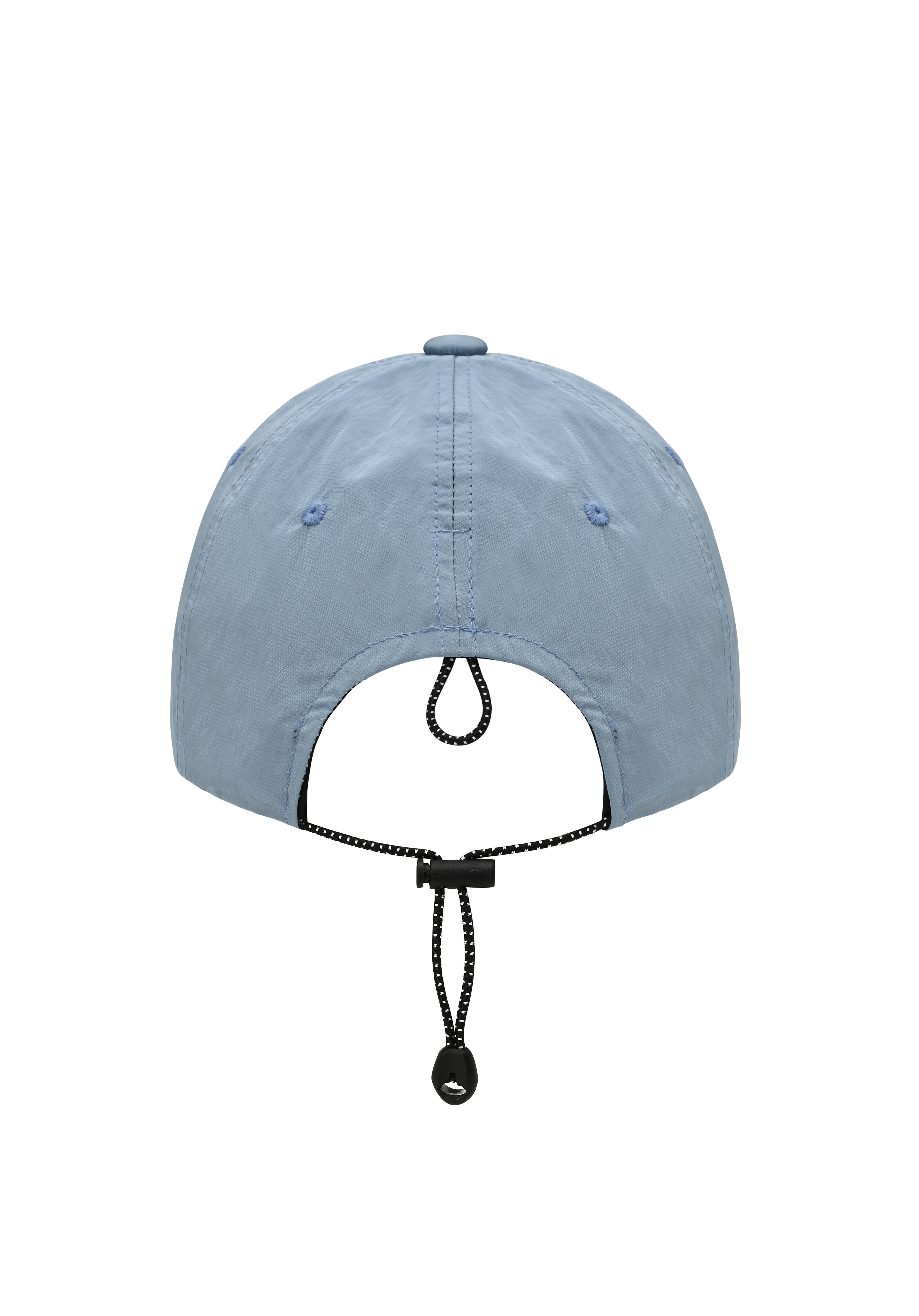 rear view of a light blue cap showing toggle and string to adjust the hat fit