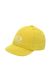 Yellow cap with a white  embroidery "infinite sunshine" on a white background