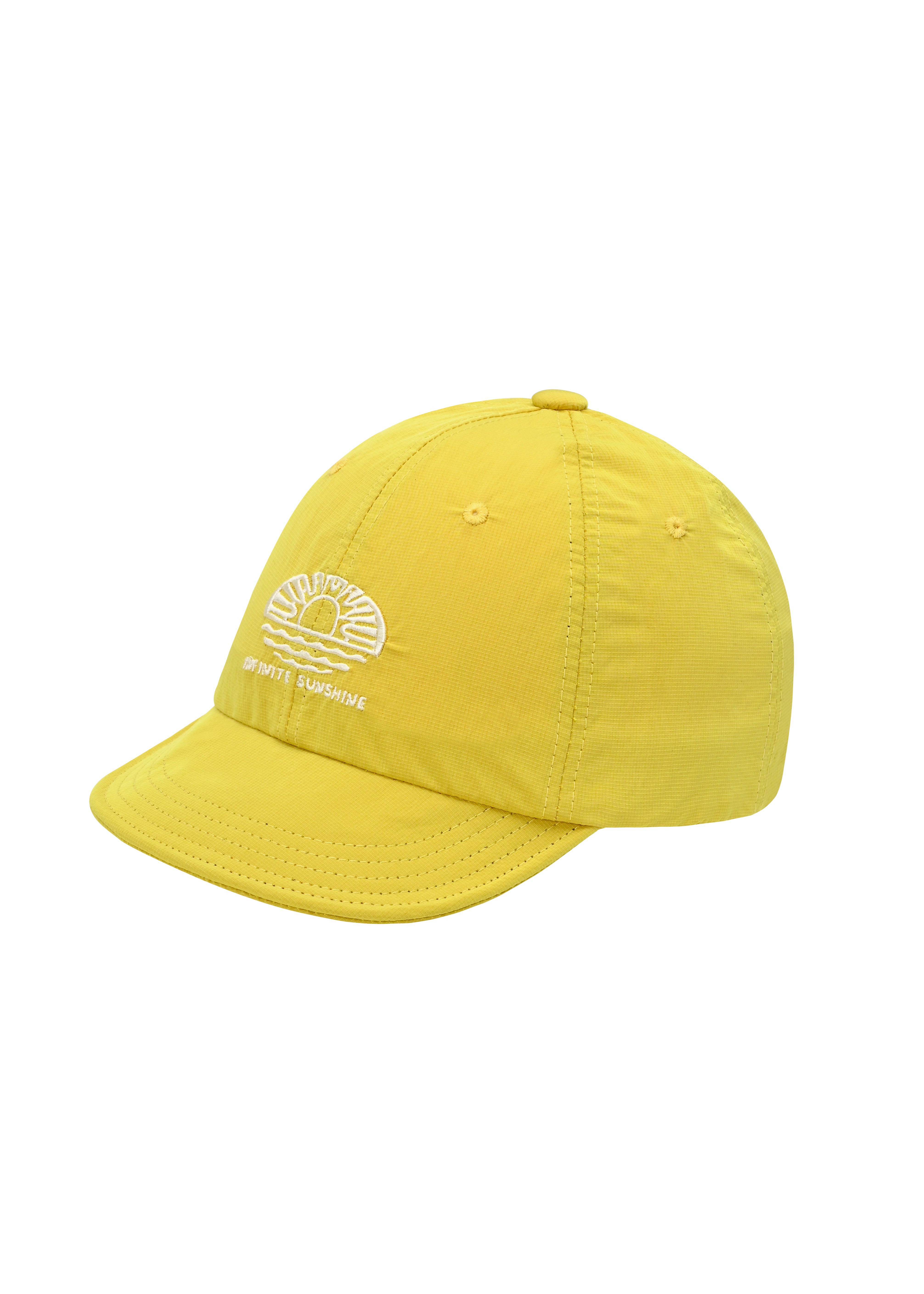 Yellow cap with a white  embroidery "infinite sunshine" on a white background