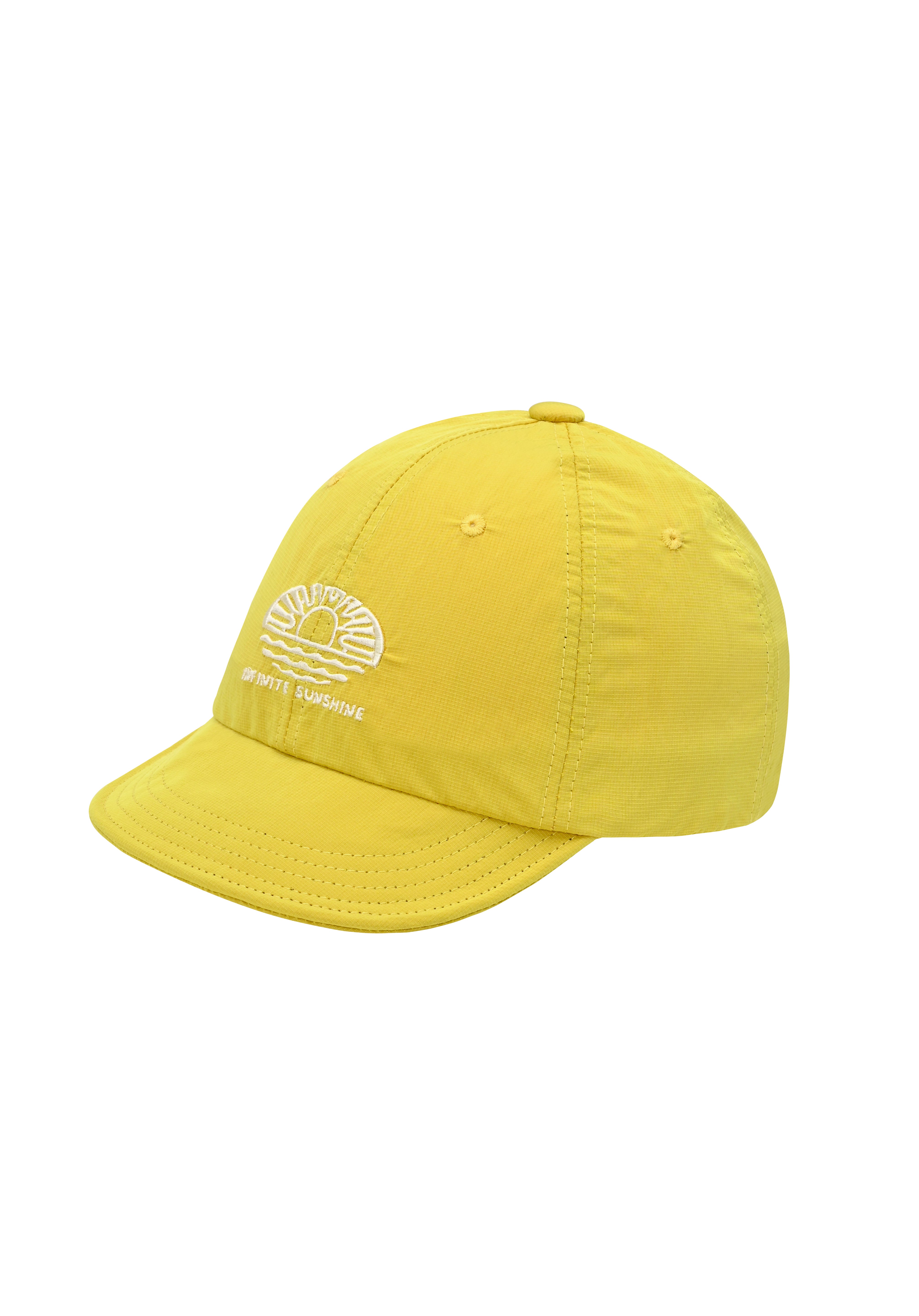 Yellow cap with a white  embroidery "infinite sunshine" on a white background