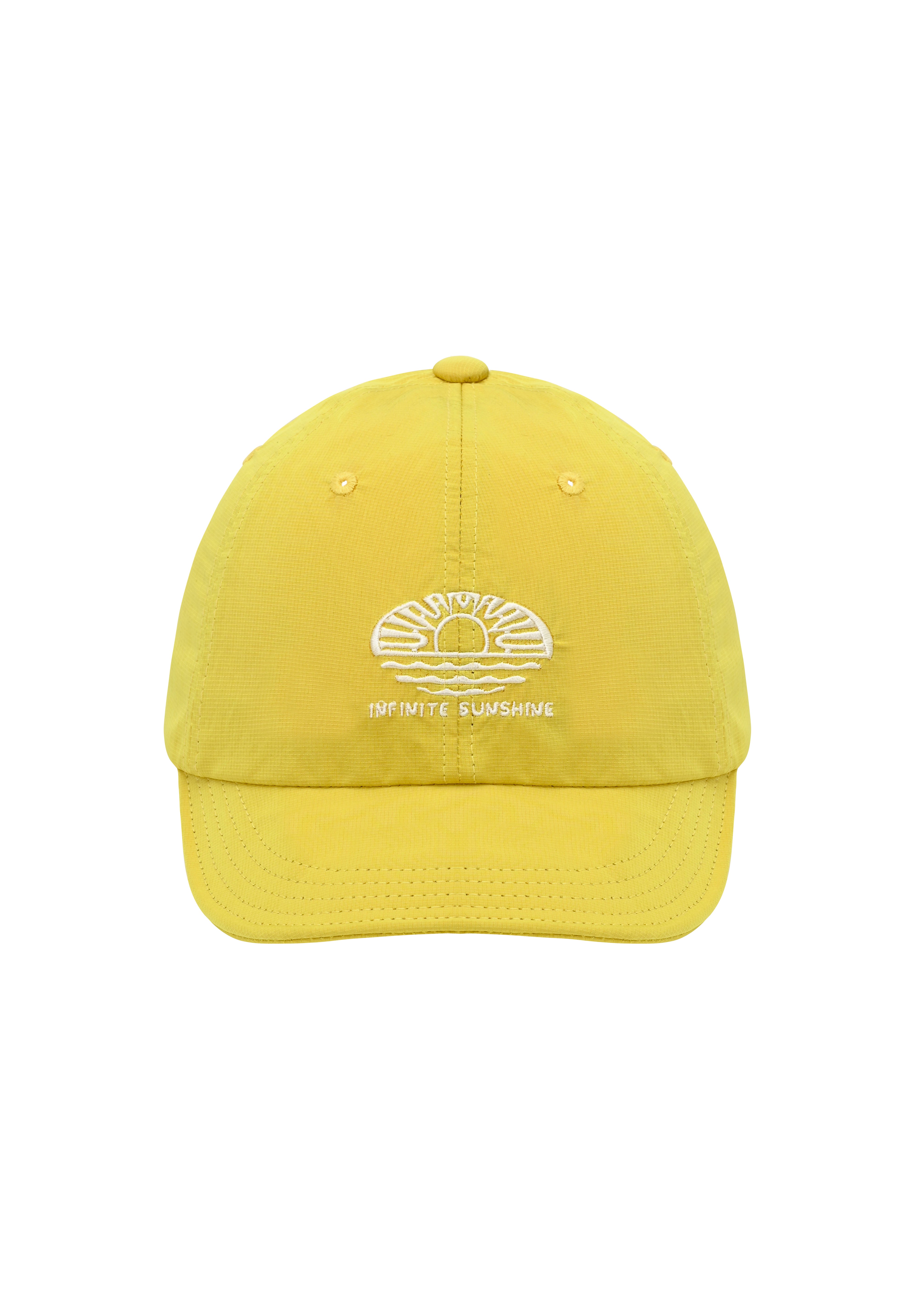 Yellow cap with a white  embroidery "infinite sunshine" on a white background