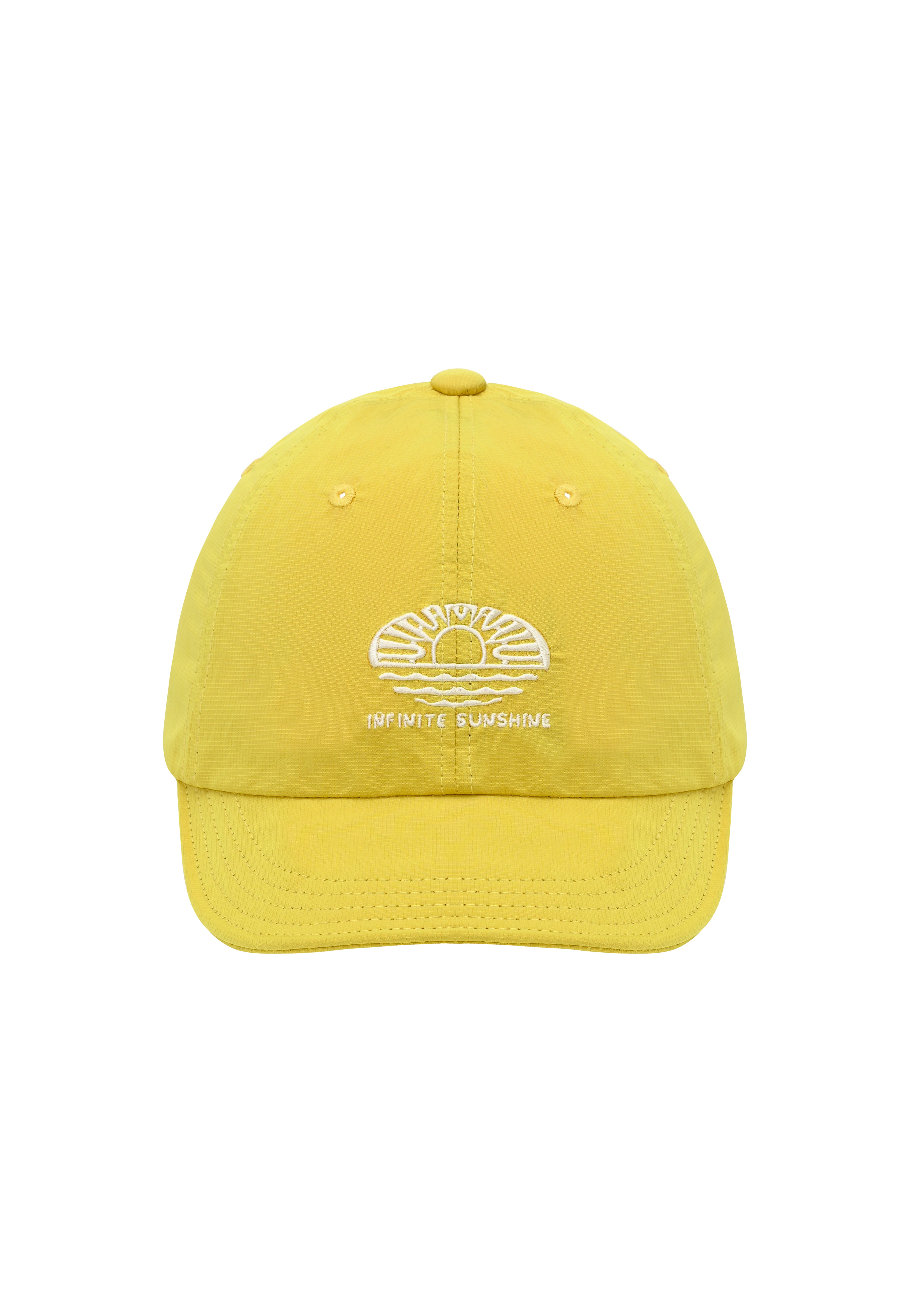 Yellow cap with a white  embroidery "infinite sunshine" on a white background