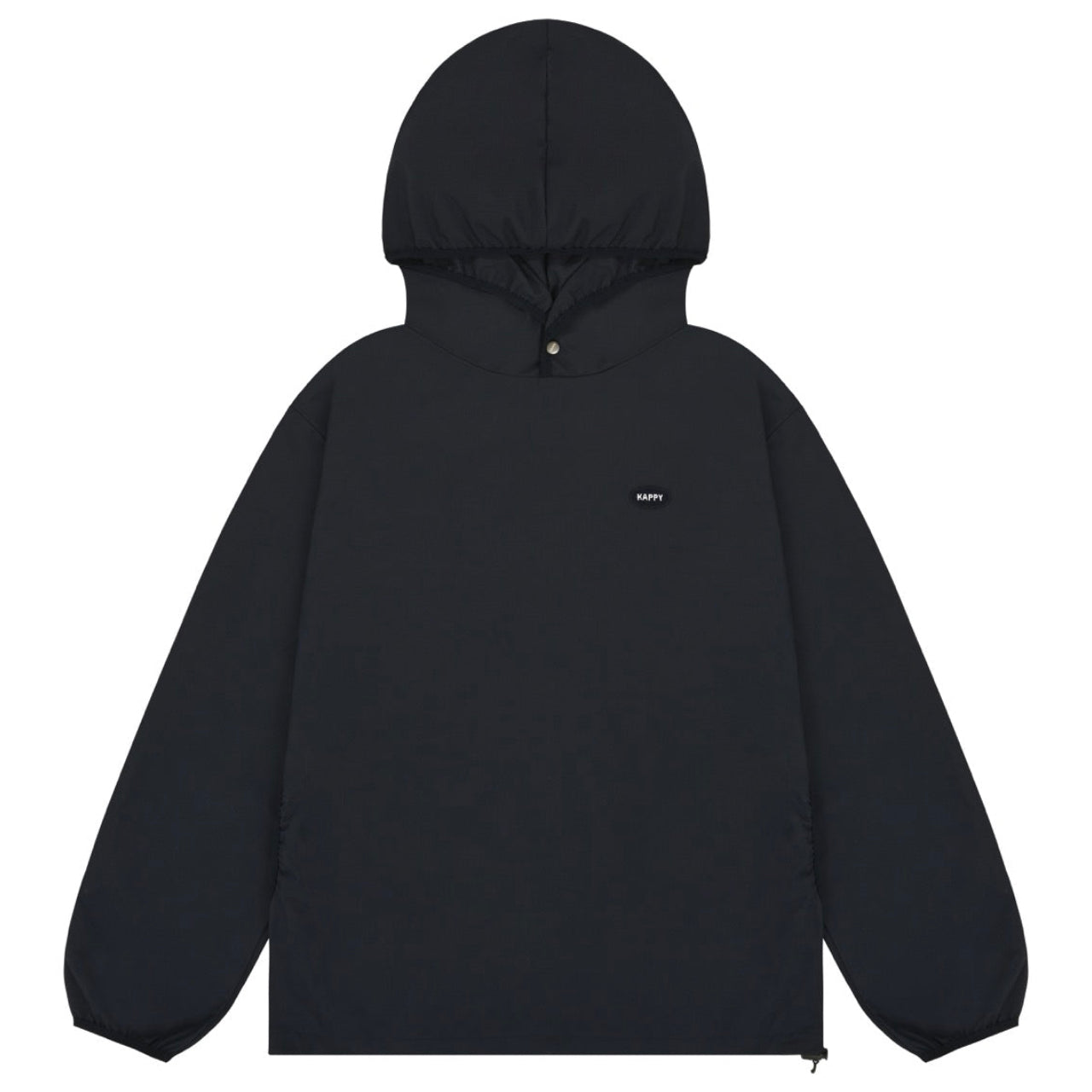 Navy hooded top with a brand logo on the chest against a white background