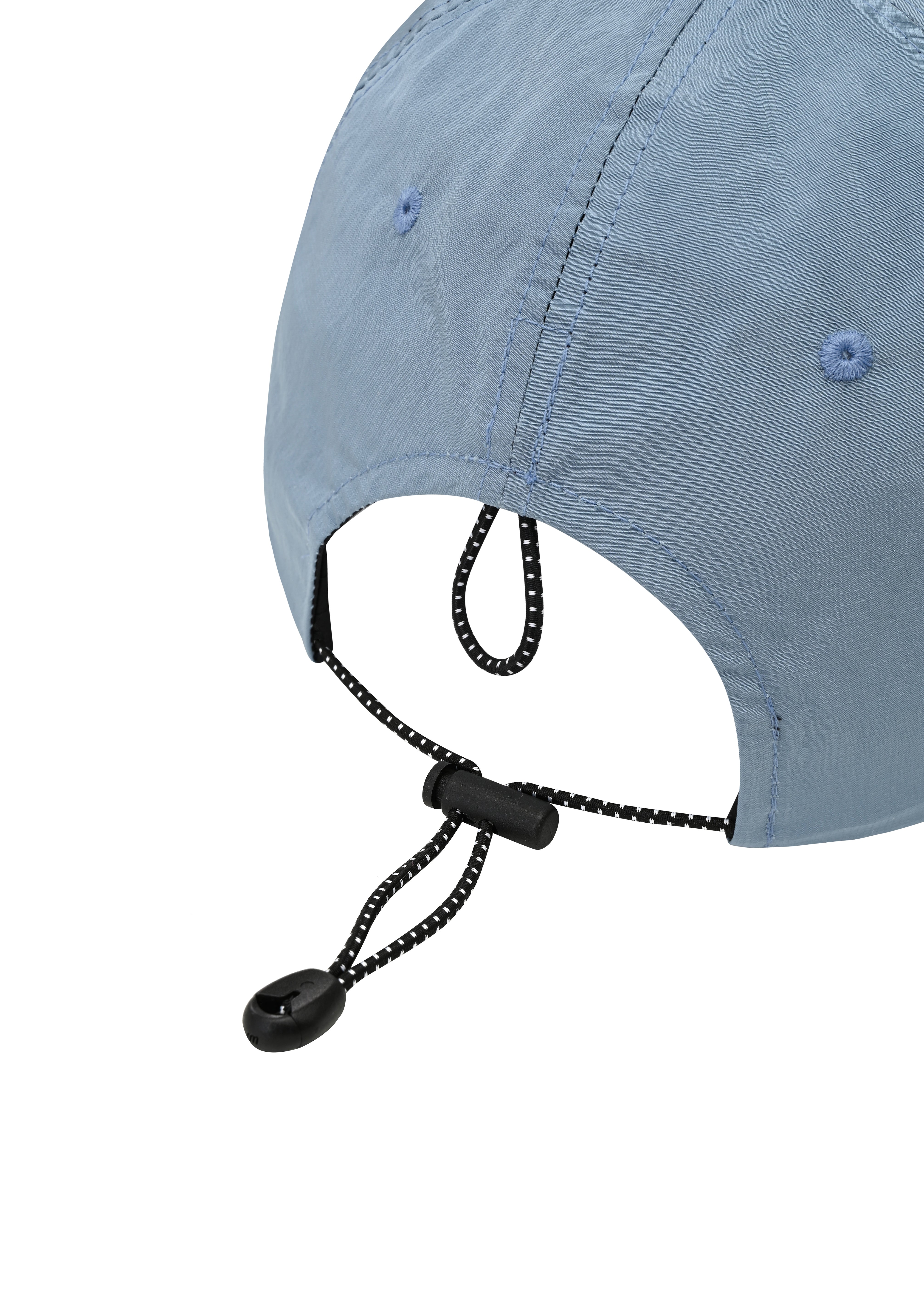 rear view of a light blue cap showing toggle and string to adjust the hat fit