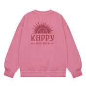 Pink sweatshirt with 'Kappy' logo and text on a white background