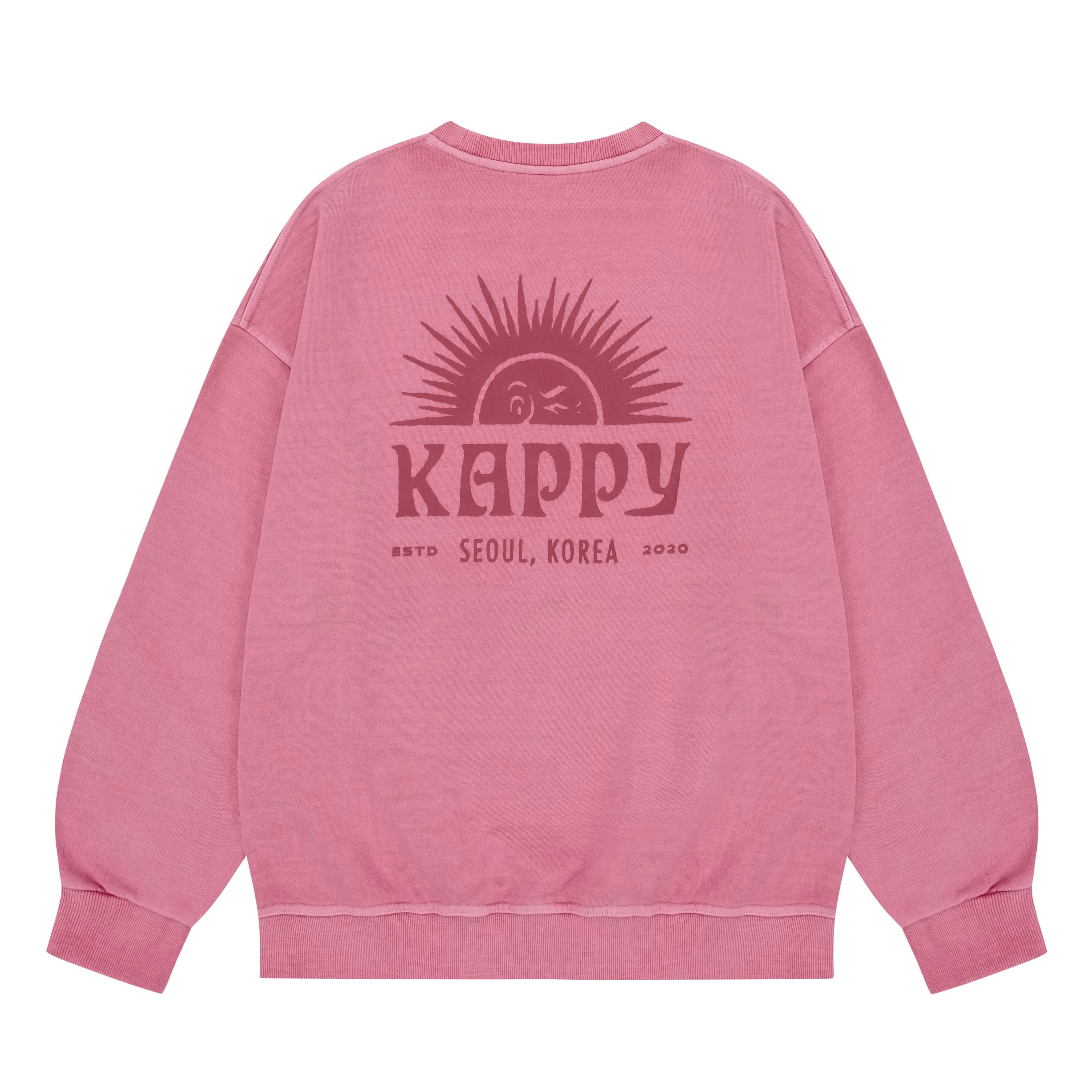Pink sweatshirt with 'Kappy' logo and text on a white background