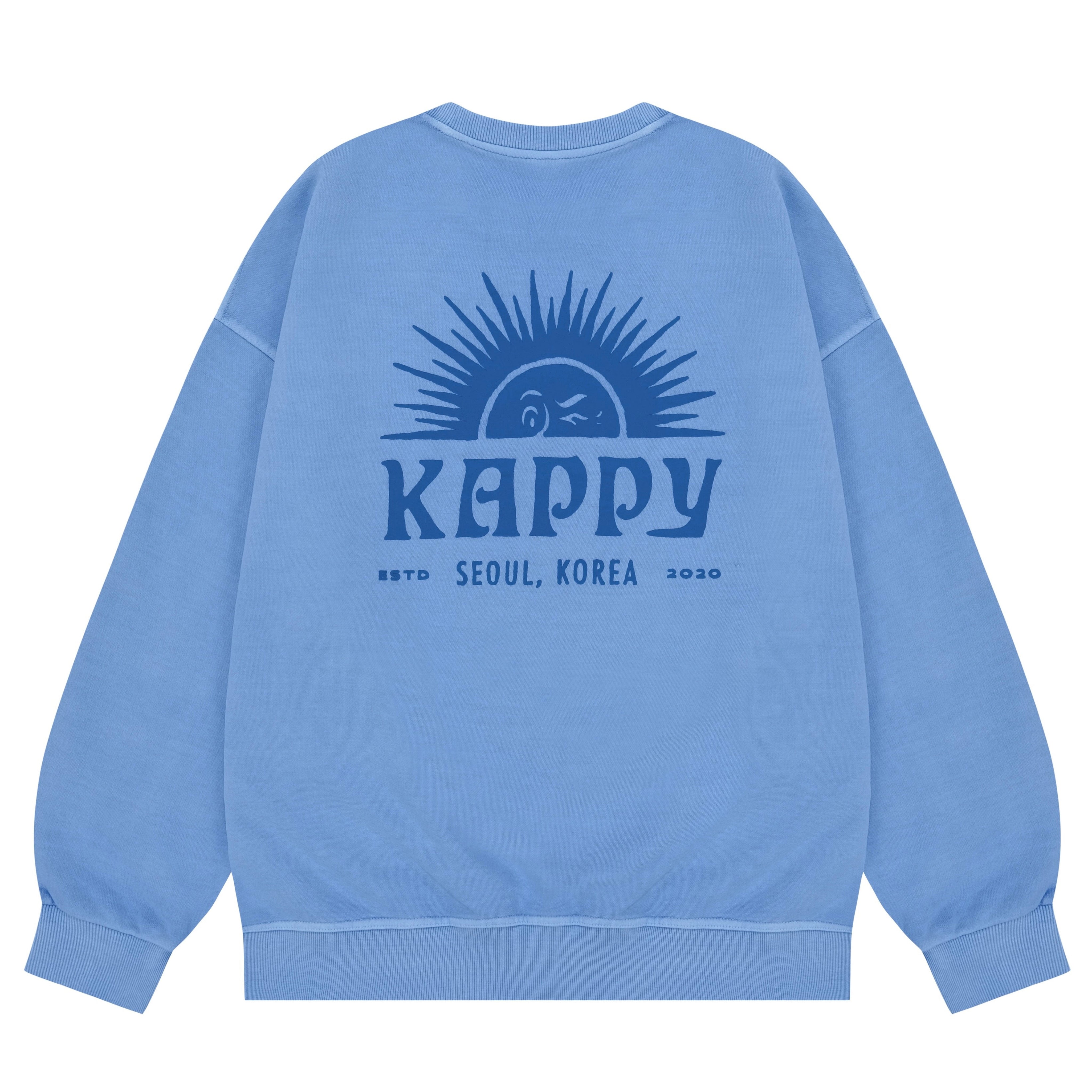 Light blue sweatshirt with 'Kappy' logo on the back against a white background