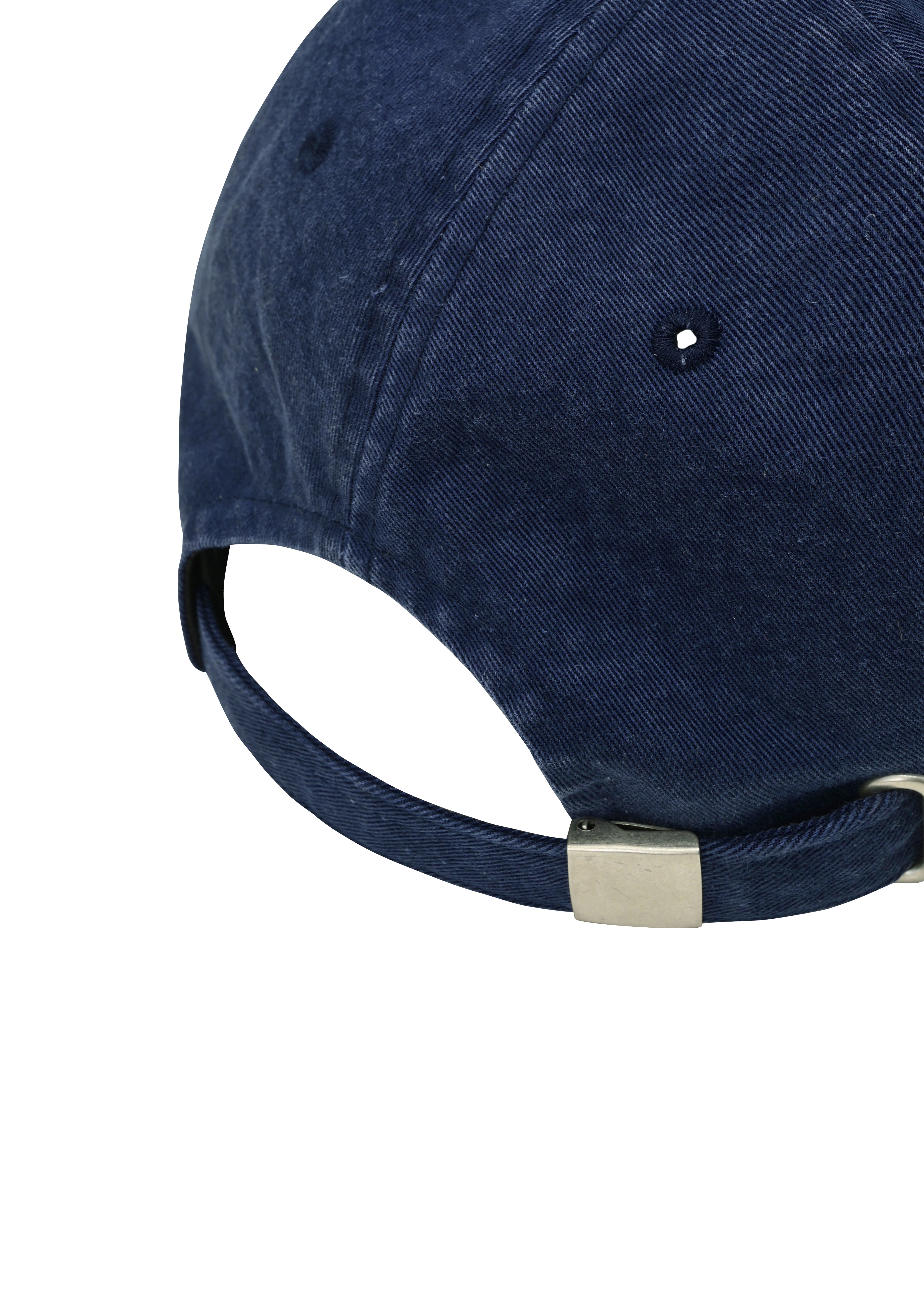 Navy blue cap with a metallic clasp on a white background