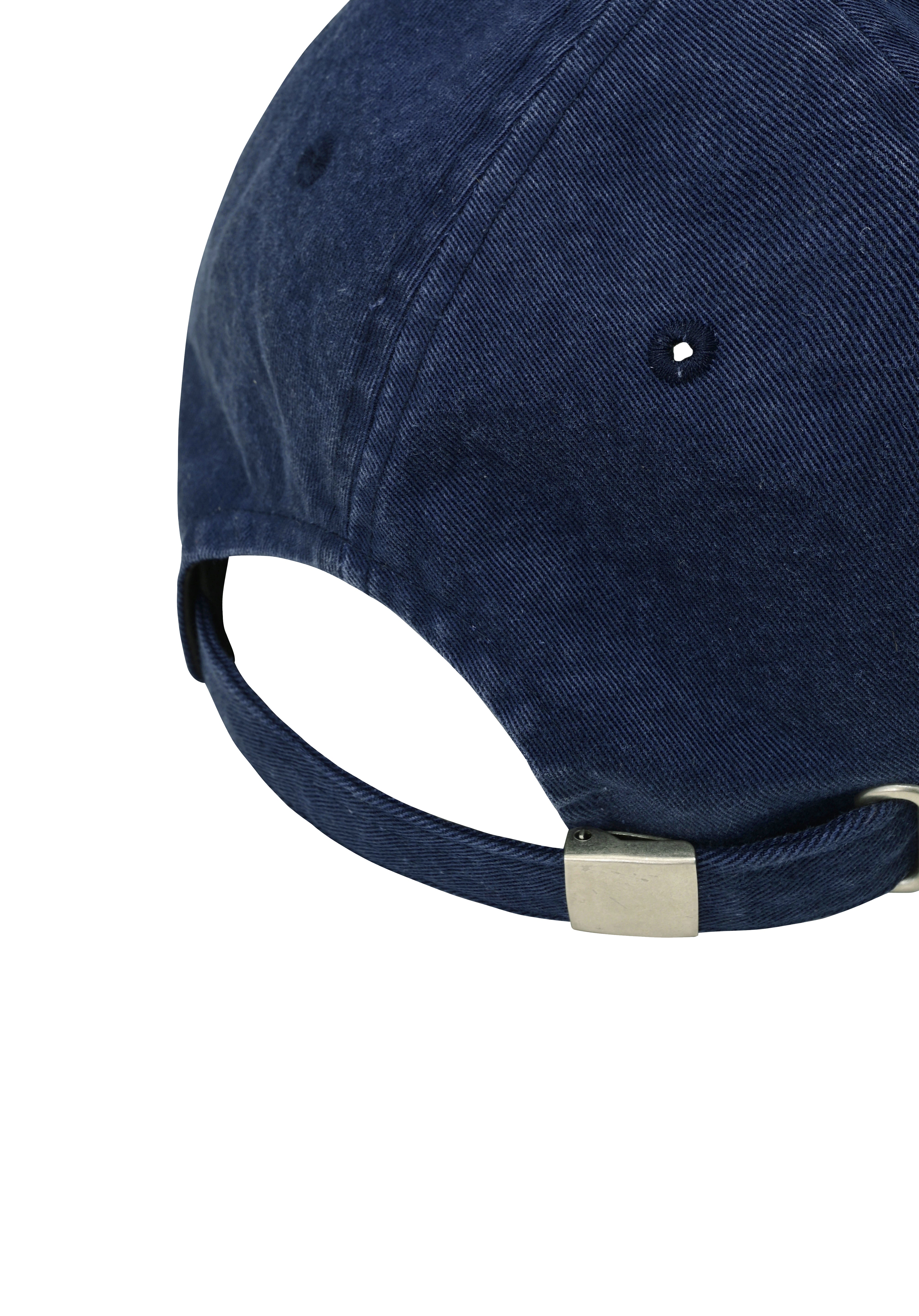 Navy blue cap with a metallic clasp on a white background