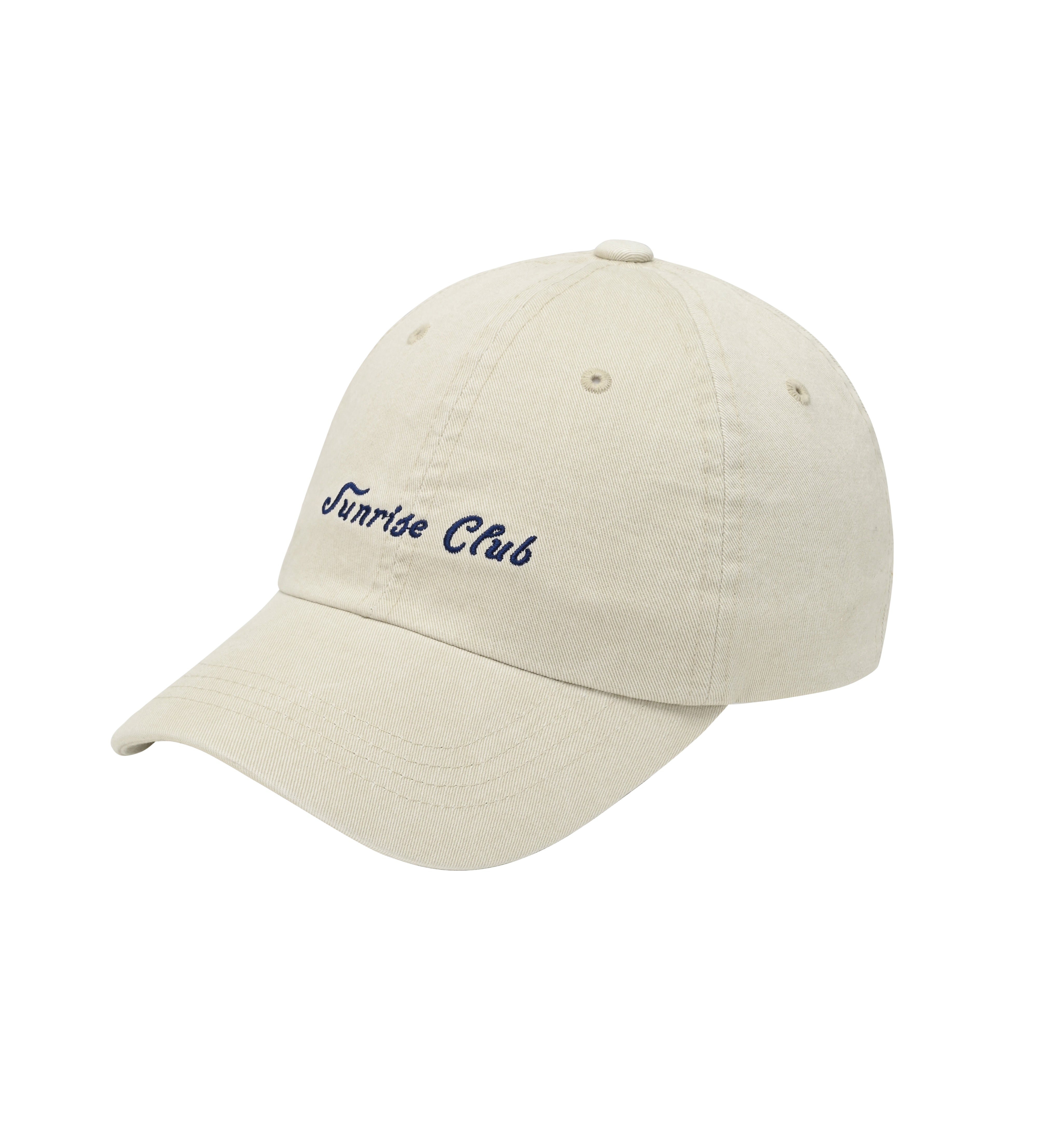 Beige cap with 'Sunrise Club' text on a white background