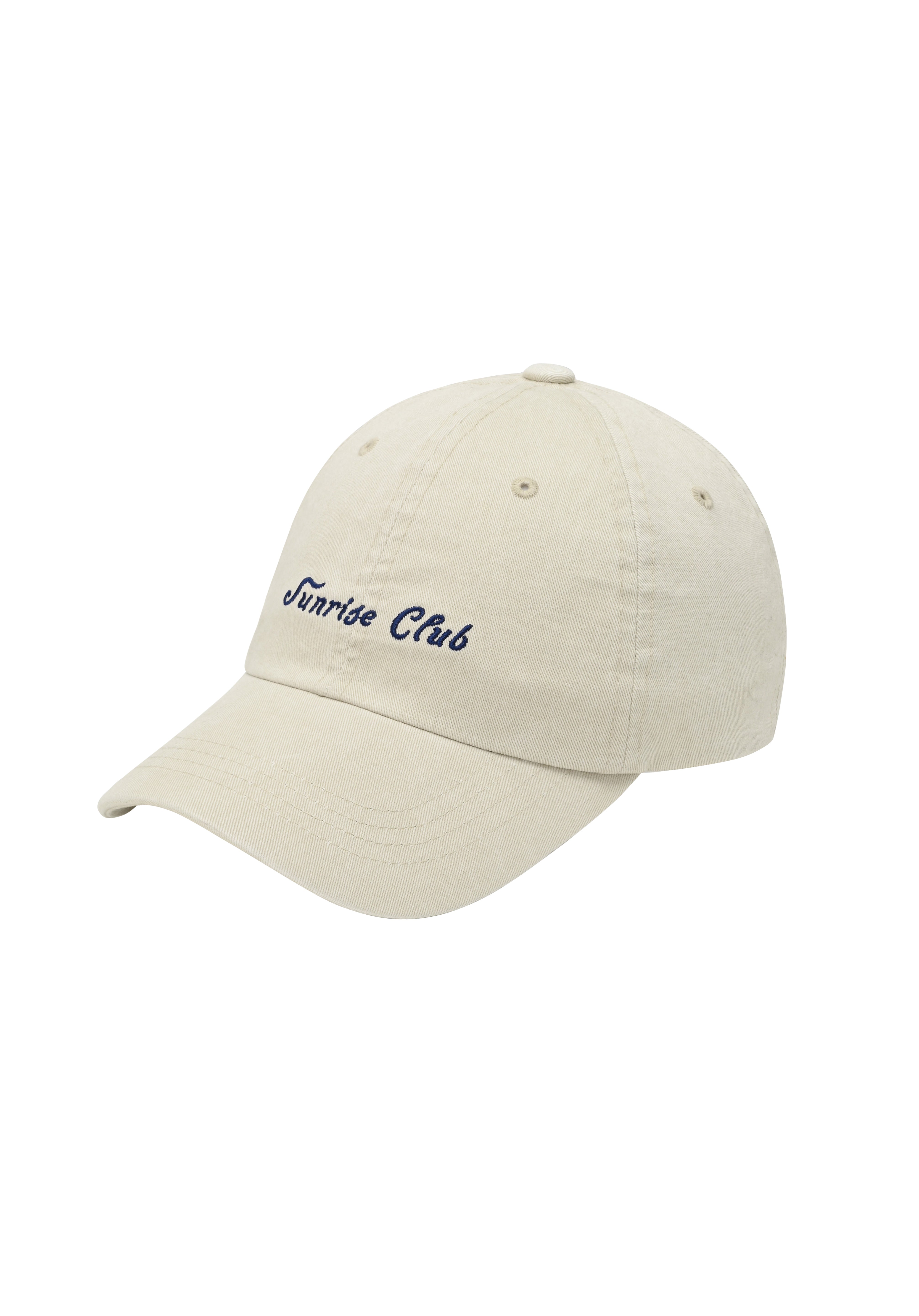 Beige cap with 'Sunrise Club' text on a white background